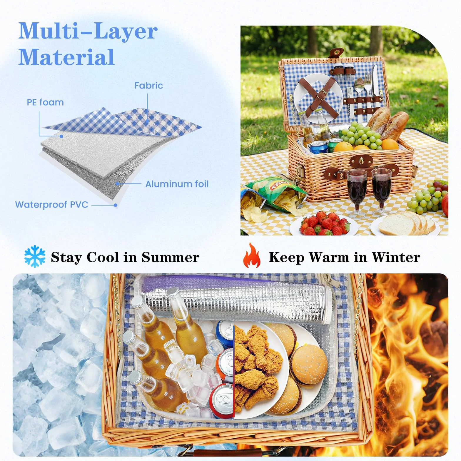 Set de Cesta de Picnic de Mimbre Premium para 2 Personas, con Compartimento Refrigerante, Correa Extraíble, Platos, Vasos, Cubiertos, para Acampada, Exteriores, Excursiones de un Día, Azul