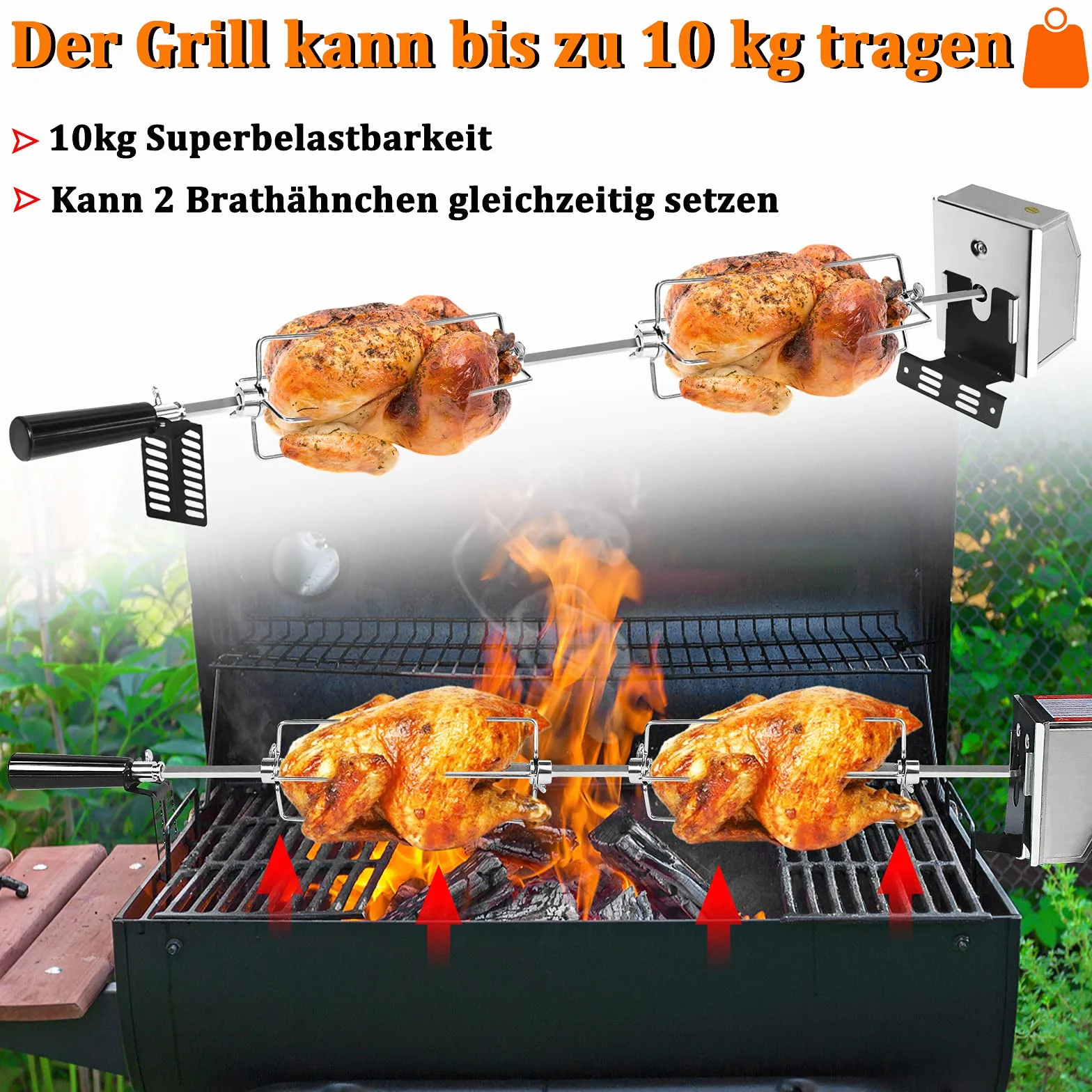 LZQ Juego de brochetas para barbacoa con motor de 107 cm, pincho giratorio de acero inoxidable 304, 220 V - 240 V, incluye 2 brochetas para carne
