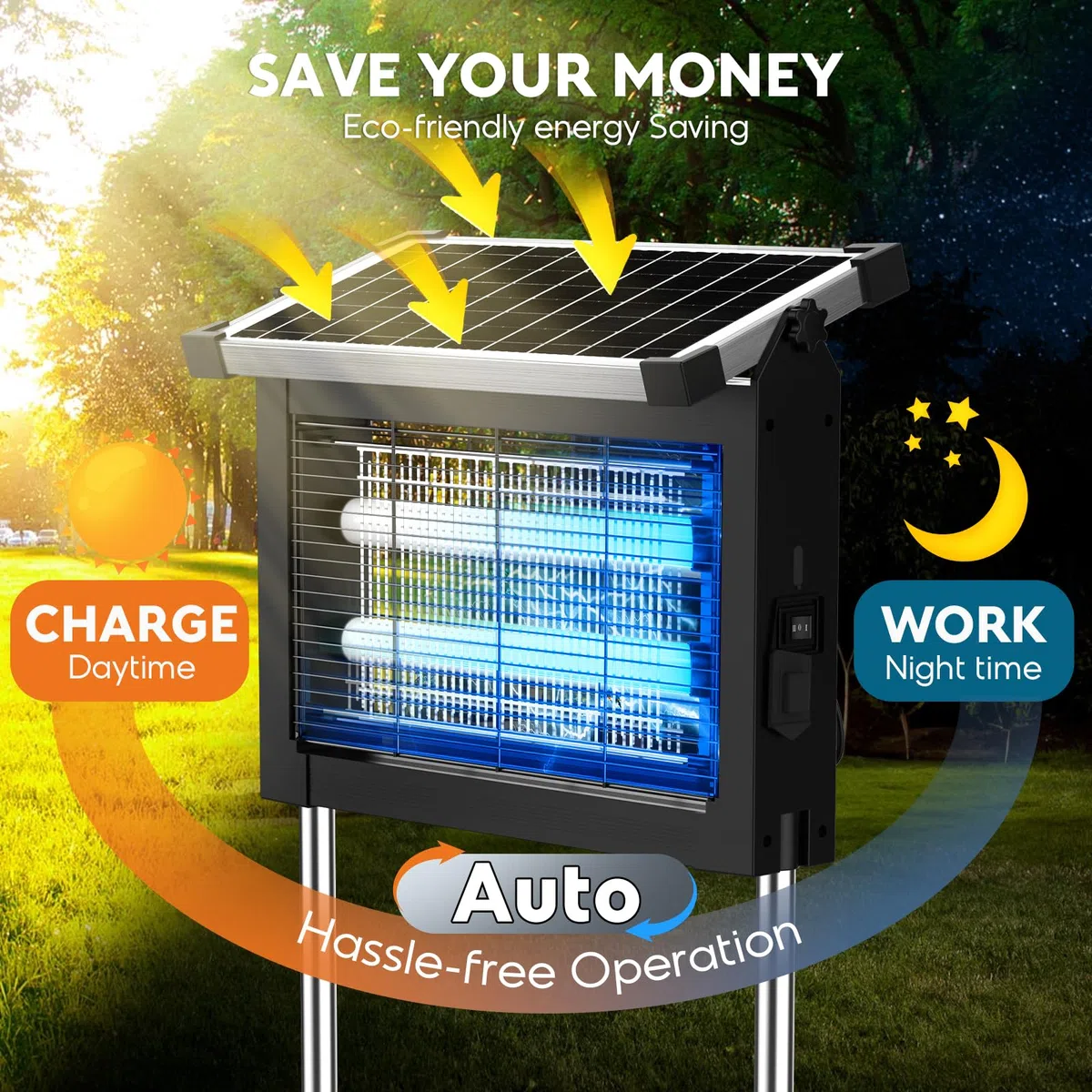anysun Lámpara Antimosquitos Solar Exterior, Mata Mosquitos Eléctrico 4500V con Batería Recargable 4000mAh, USB-C, IPX5, Sensor Crepuscular, Cable de 3 m, para Terraza, Jardín, Balcón (Negro)