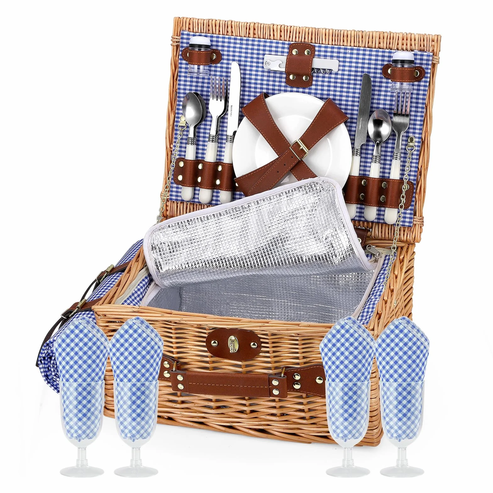 Set de Cesta de Picnic de Mimbre Premium para 2 Personas, con Compartimento Refrigerante, Correa Extraíble, Platos, Vasos, Cubiertos, para Acampada, Exteriores, Excursiones de un Día, Azul