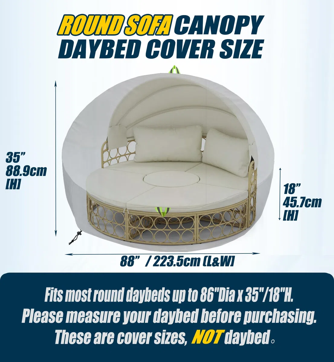 Funda Cama Jardin Redonda Sofa Cama Exterior Impermeable Resistente al Viento 600D Oxford Sofá Cama de Exterior Redonda Funda para Muebles de Jardín - Ø223x88/45cm
