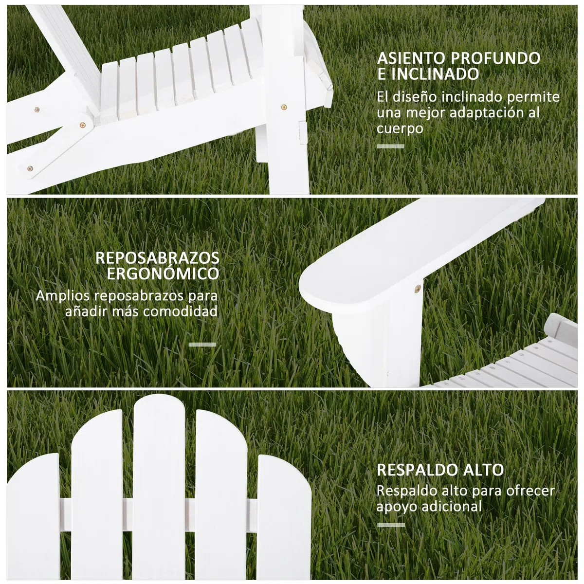 Outsunny Silla Adirondack de Madera Plegable Silla de Jardín con Respaldo Alto y Reposabrazos para Balcón Terraza Exterior Carga MAX. 113 kg 73x88x93 cm Blanco
