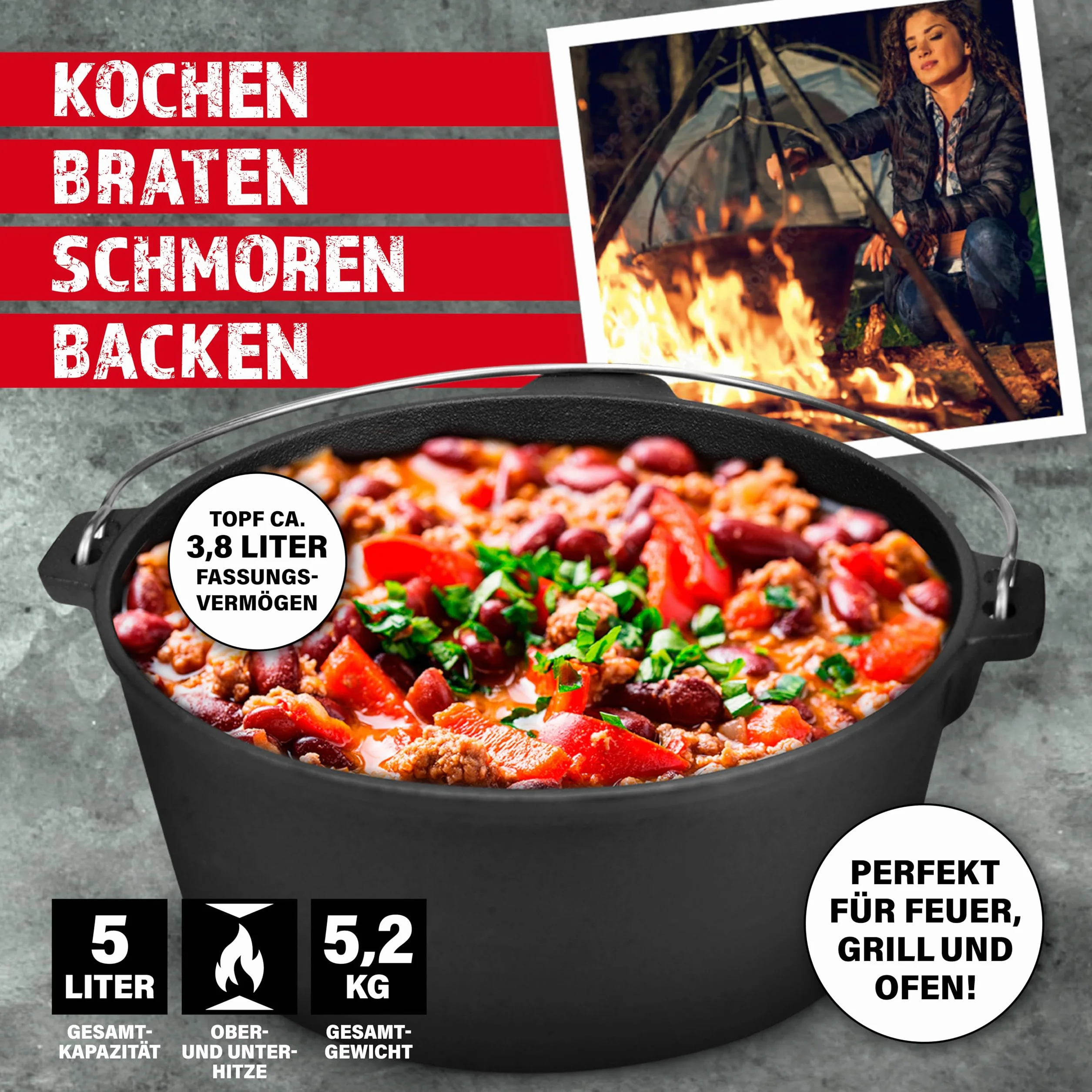 BBQ Boss - Horno holandés (5 L de capacidad), hierro fundido, olla de hierro fundido, cast iron