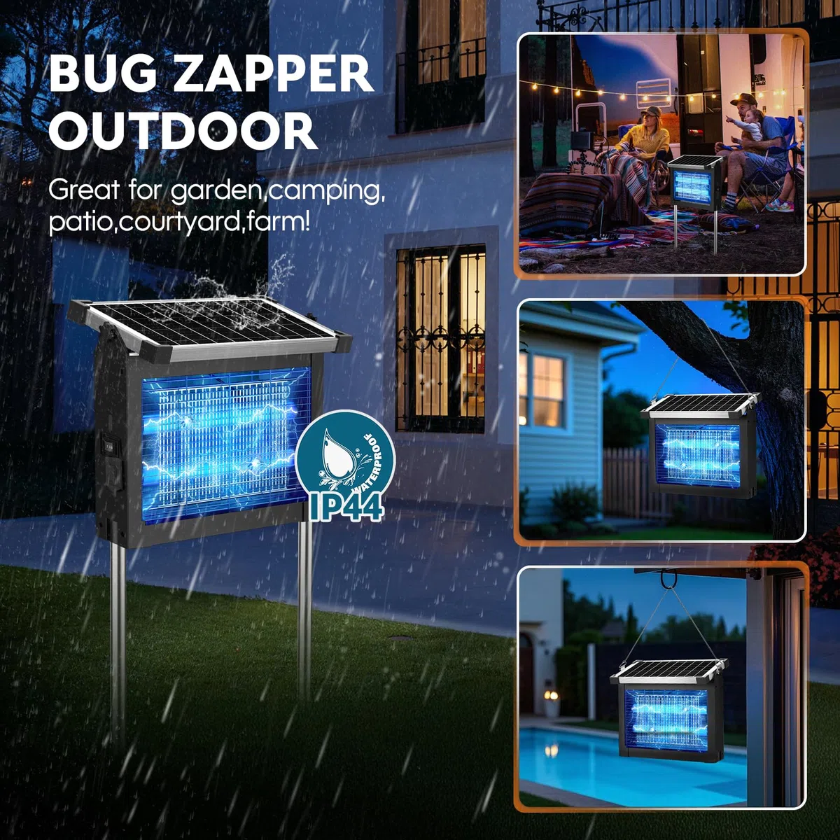 anysun Lámpara Antimosquitos Solar Exterior, Mata Mosquitos Eléctrico 4500V con Batería Recargable 4000mAh, USB-C, IPX5, Sensor Crepuscular, Cable de 3 m, para Terraza, Jardín, Balcón (Negro)