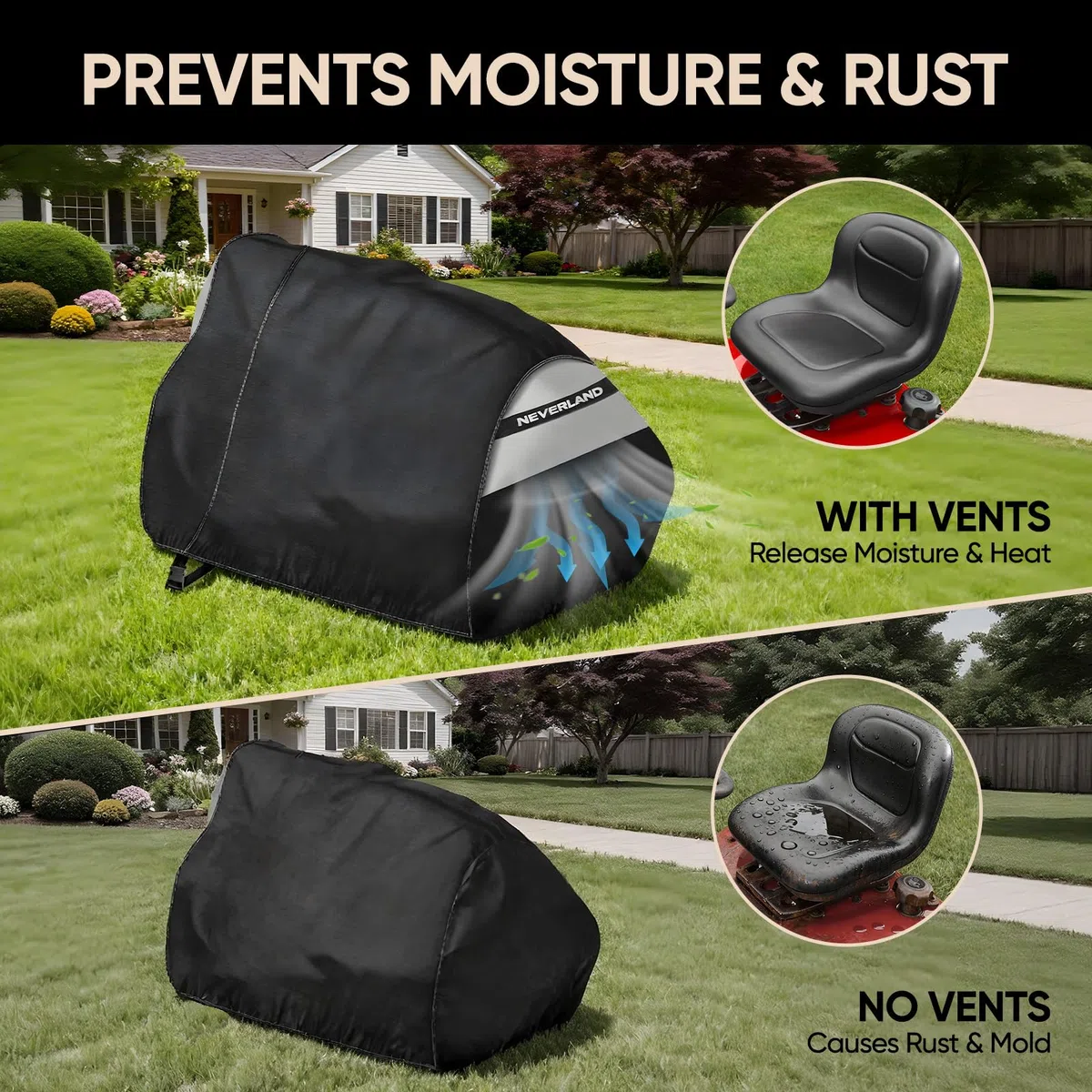 NEVERLAND Funda para cortacésped, ajuste universal, 72 x 54 x 46 pulgadas, cubierta impermeable y resistente al viento para tractor con hebillas y correas, poliuretano Oxford resistente para