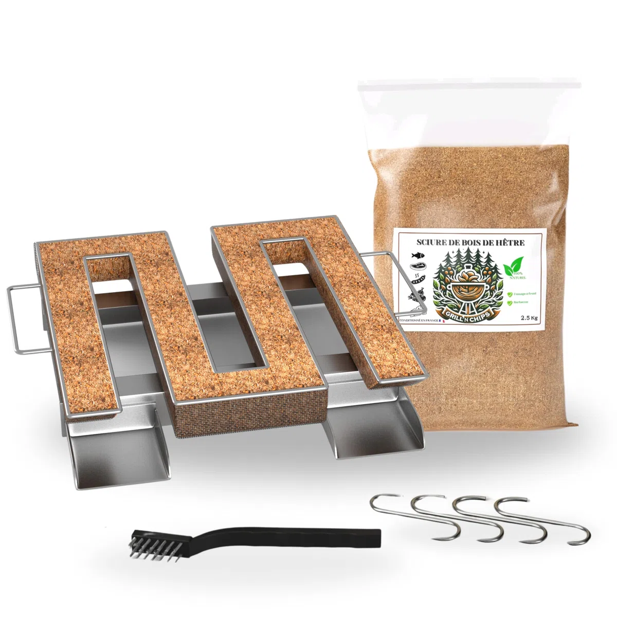 Generador de humo frío para ahumadero de carne y pescado + 1,2 kg de aserrín de madera de haya + 4 ganchos y 1 cepillo de limpieza