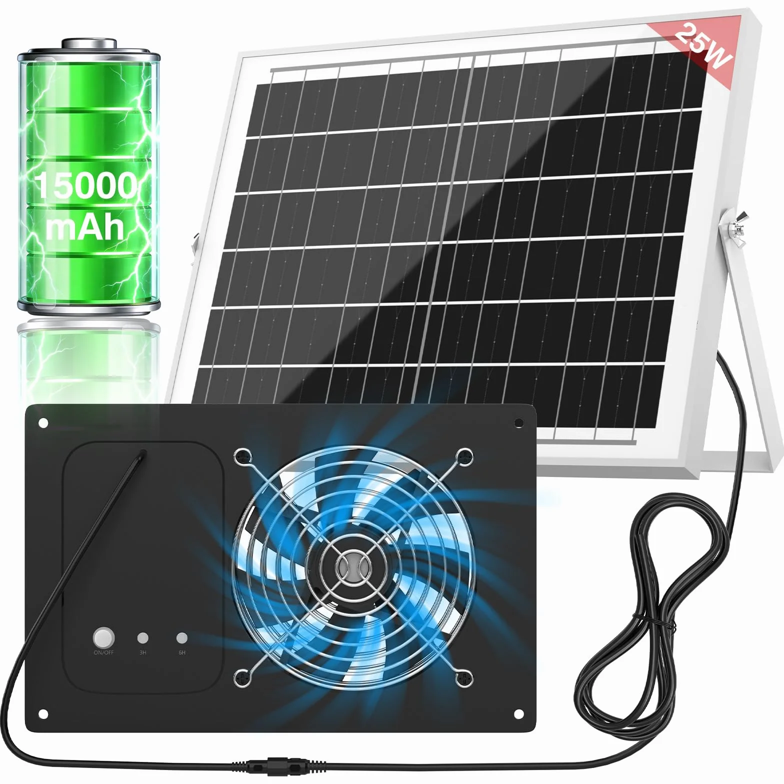 Ventilador solar con batería de 15000 mAh y temporizador, 25 W, 3500 rpm, ventilador solar de alta velocidad, ventilador silencioso e impermeable para gallinero, invernadero, cobertizo y casa