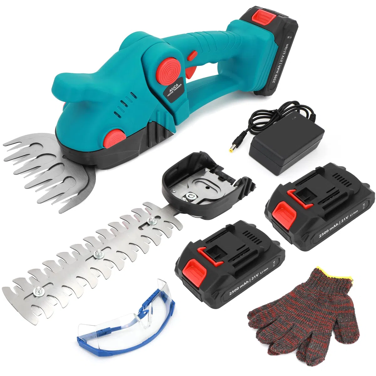 Tijeras de Césped y Setos a Batería 2 en 1, Cortasetos Eléctrico 21V 1260 RPM, con 2 Baterías de 2500 mAh, Cargador y Cuchillas de 130 mm y 230 mm para Jardín (Azul)