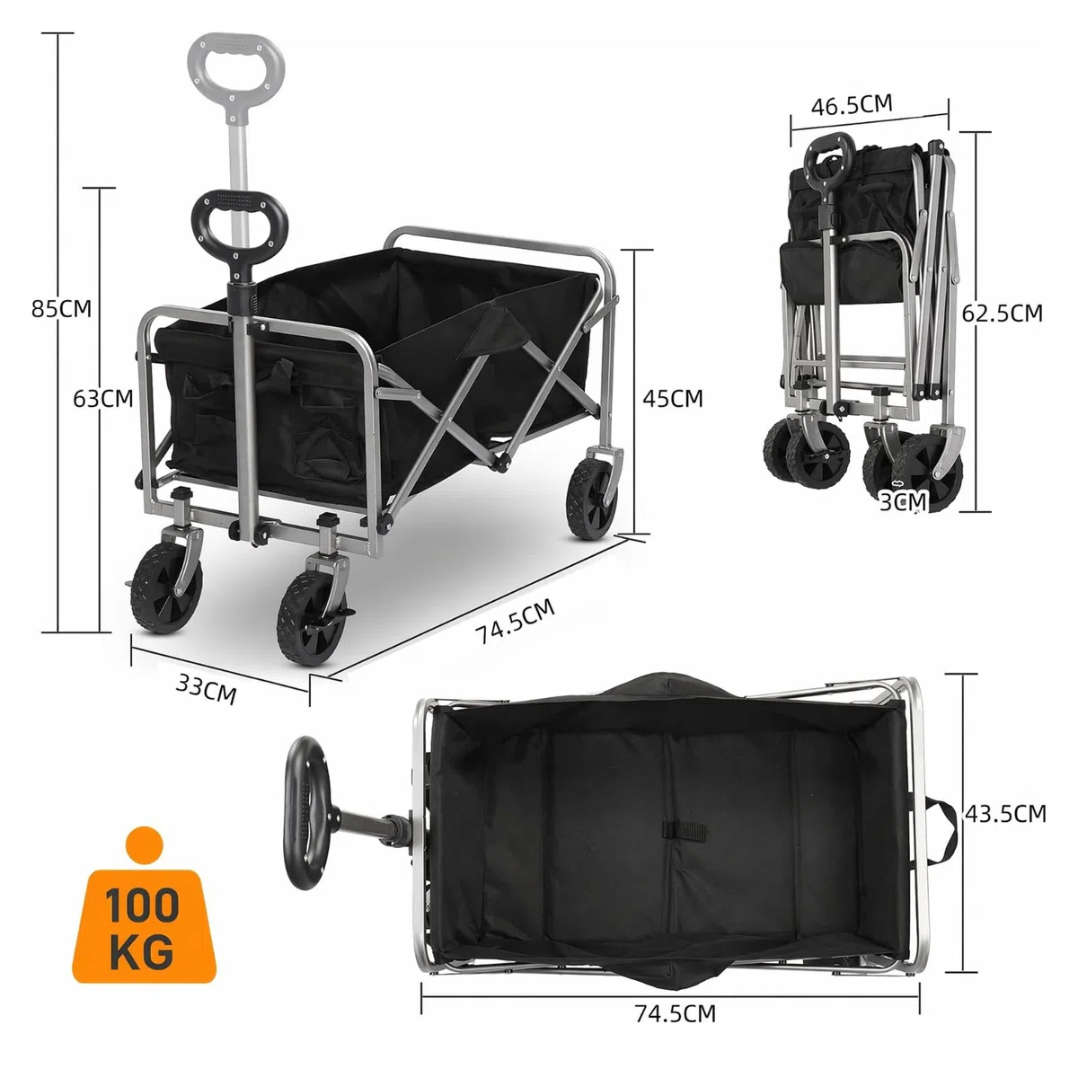 LEADZM Carro Playa | Carro Plegable con Ruedas, Carrito Multiusos Ideal Playa, Compra, Jardín o Camping, Carga hasta 100kg, Pequeño y Compacto, fácil de Guardar, Negro
