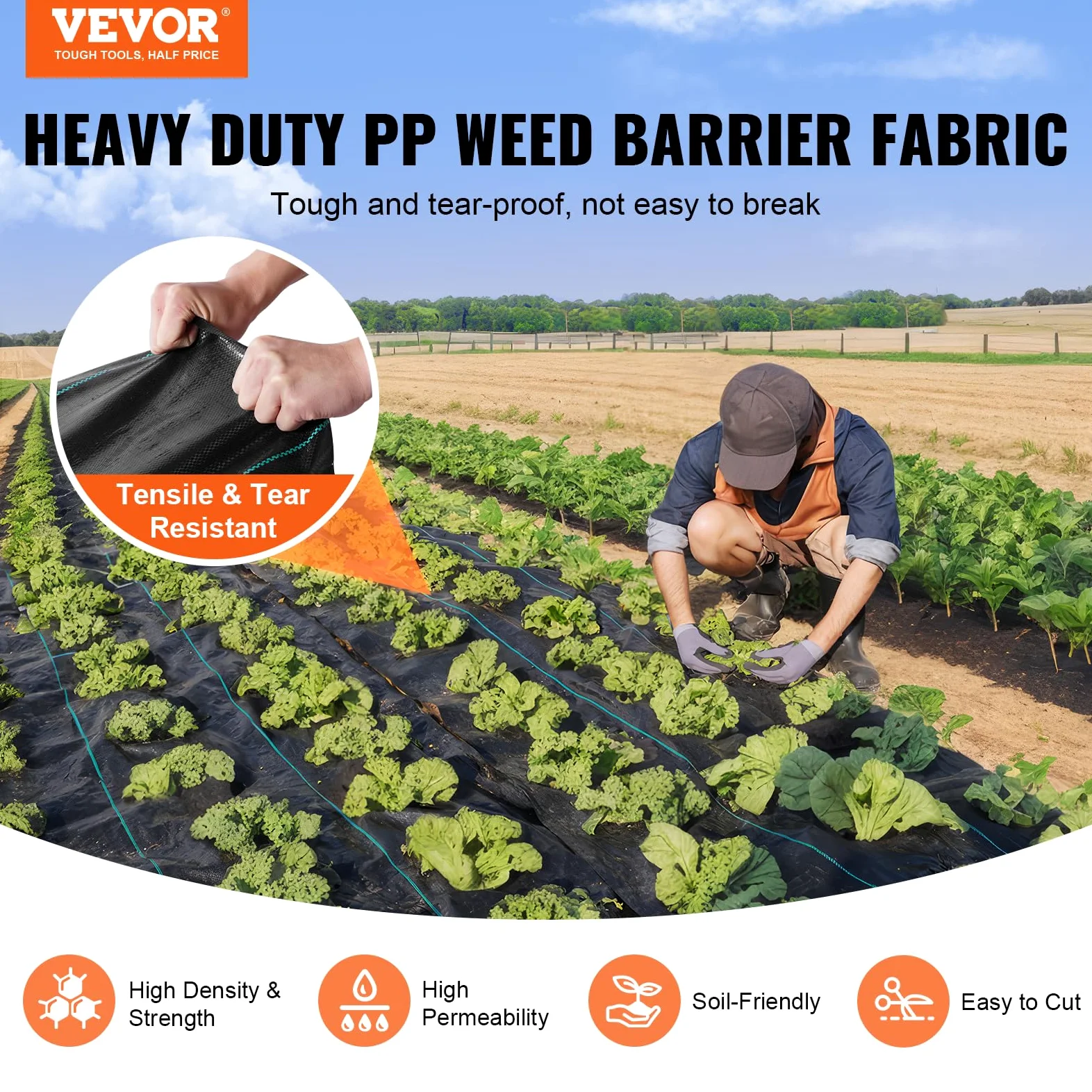 VEVOR Tela para Control de Malezas Tela para Jardín de Alta Resistencia Tela Tejida para Control de Malezas de PP Tela Geotextil para Paisajismo Vellón de Malas Hierbas 0,9 x 91,4 m, 108 g/m², Negro