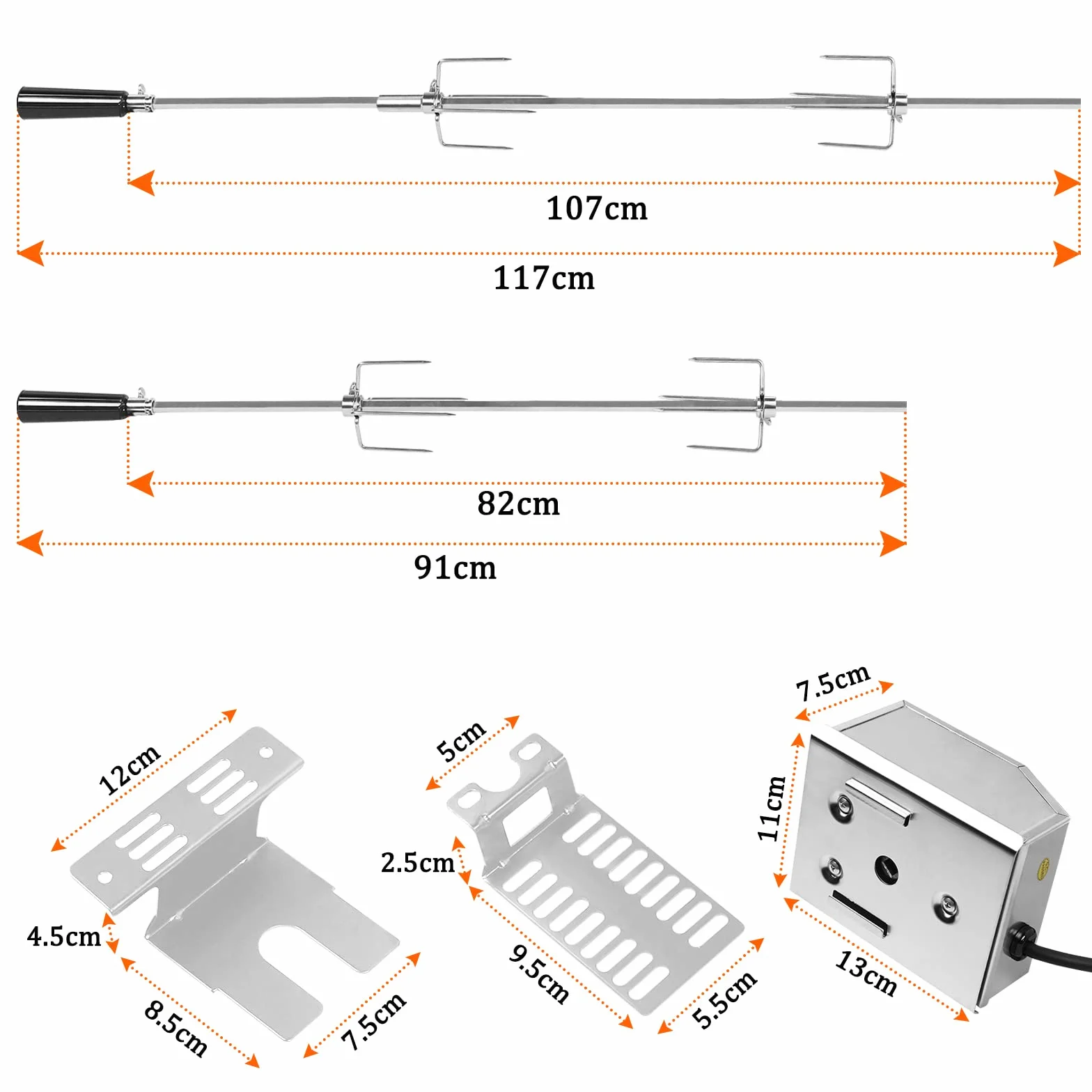 LZQ Juego de brochetas para barbacoa con motor de 107 cm, pincho giratorio de acero inoxidable 304, 220 V - 240 V, incluye 2 brochetas para carne