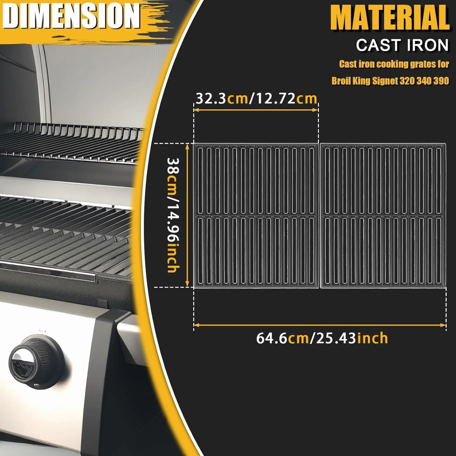 GFTIME Parrilla de hierro fundido para BroilKing Signet 320, 340, 390, 38 x 64,6 cm, 2 unidades