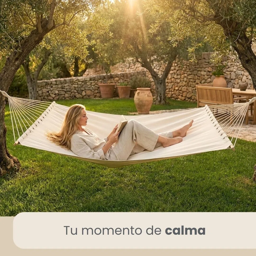 AMANKA XXL Hamaca con Barra Separadora 200x120 cm Beige - Colgante Doble 2 Personas 150kg - Algodón Resistente Exterior & Interior - Balcón Jardín Terraza Campings - 100% Puro Transpirable Natural
