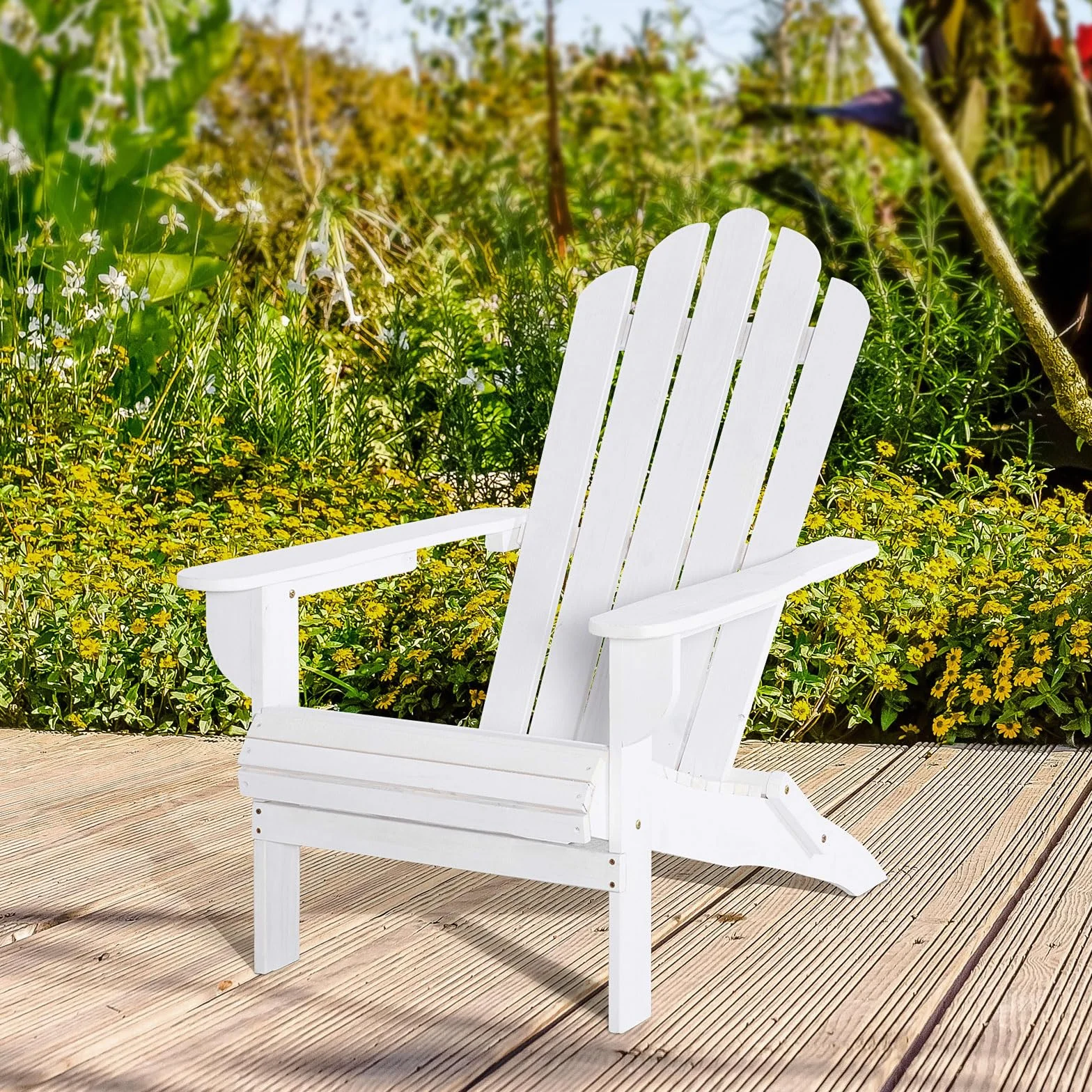 Outsunny Silla Adirondack de Madera Plegable Silla de Jardín con Respaldo Alto y Reposabrazos para Balcón Terraza Exterior Carga MAX. 113 kg 73x88x93 cm Blanco