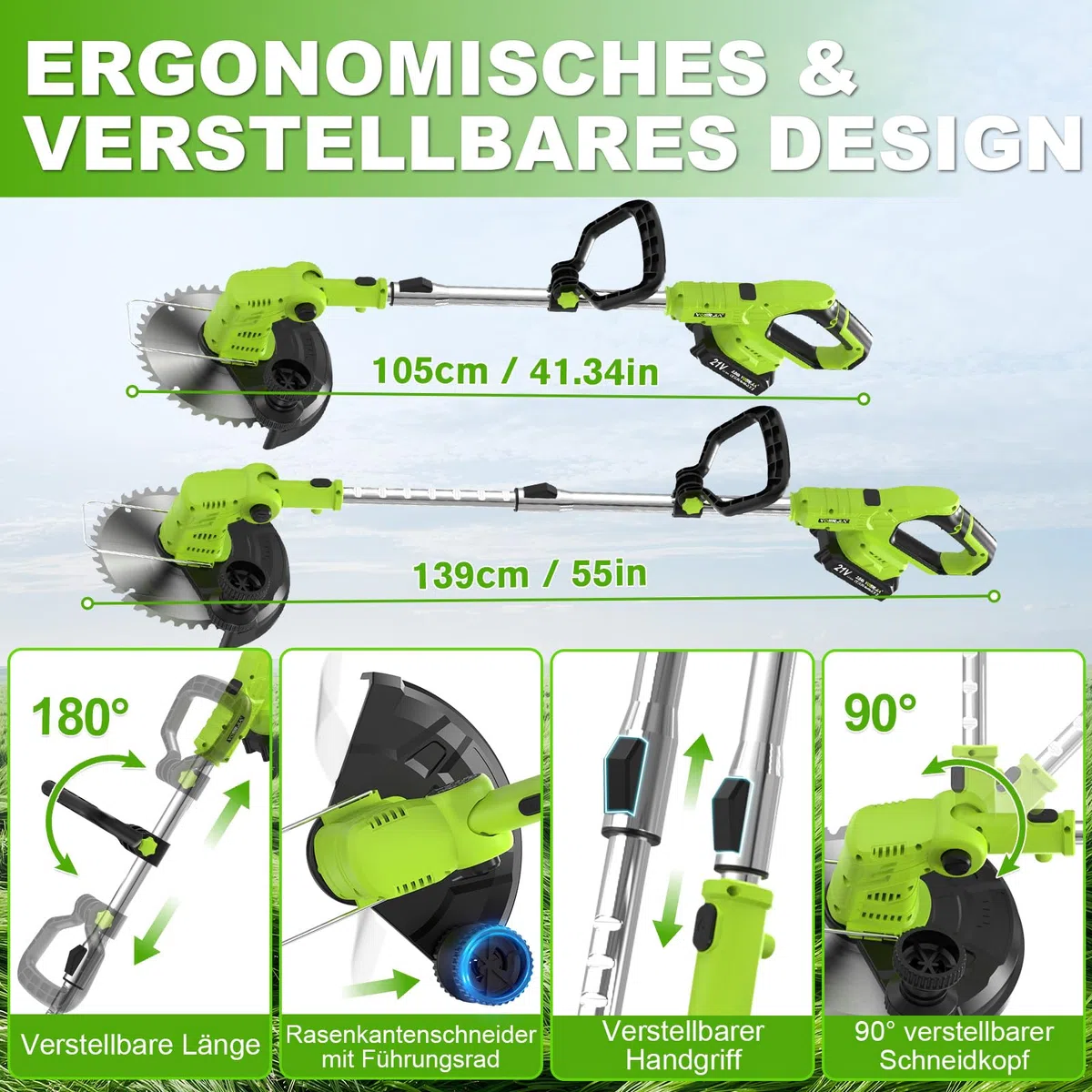 VOERJIA Desbrozadora a Batería 21V 850W, Cortabordes Eléctrico con Pantalla LCD, 2 Baterías 2.0Ah y Ruedas Laterales, Rotofil Potente 4-en-1 para Perfilado de Bordes y Jardines (Versión Pro)