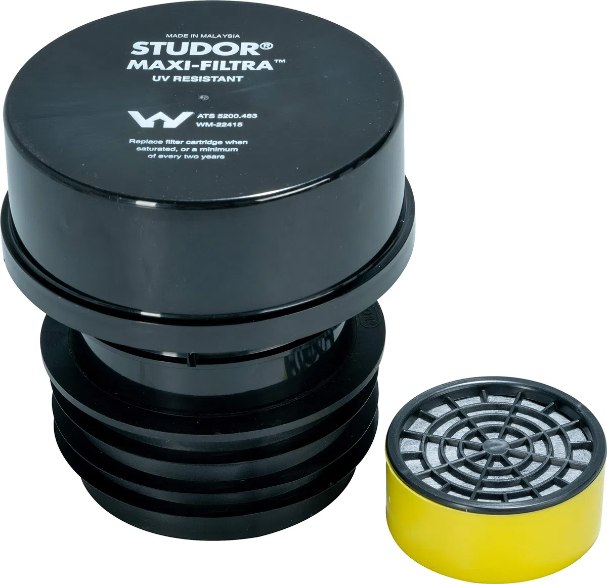 Studor 20297 Maxi-Filtra - Filtro de carbono activo de dos vías para drenaje de tanque séptico, conexión de 3 o 4 pulgadas