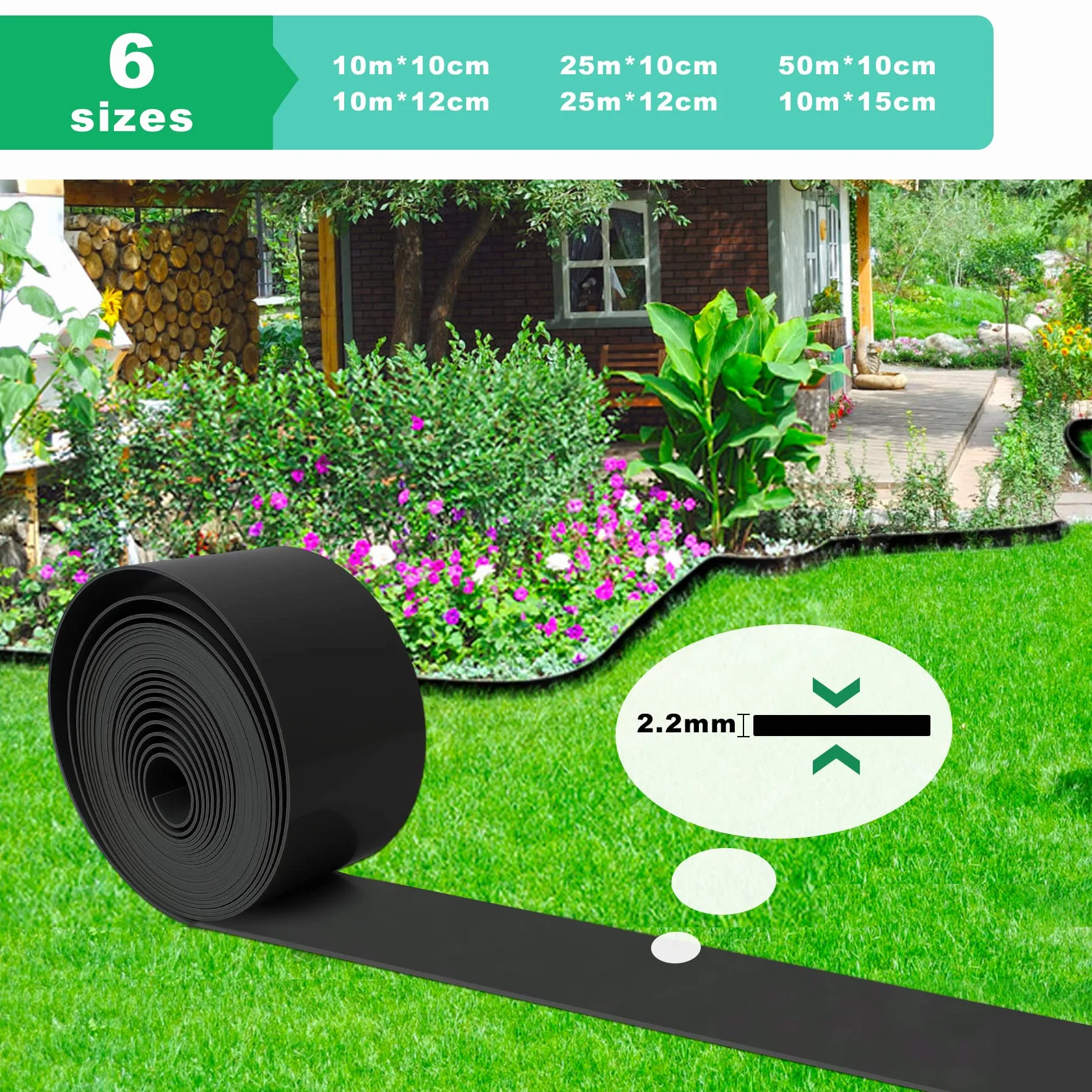 Forever Speed Borde de césped Plástico 2,2 mm Rollo Plástico Liso Borde de Cama Borde de césped Borde de Cama Negro 25m x 10cm