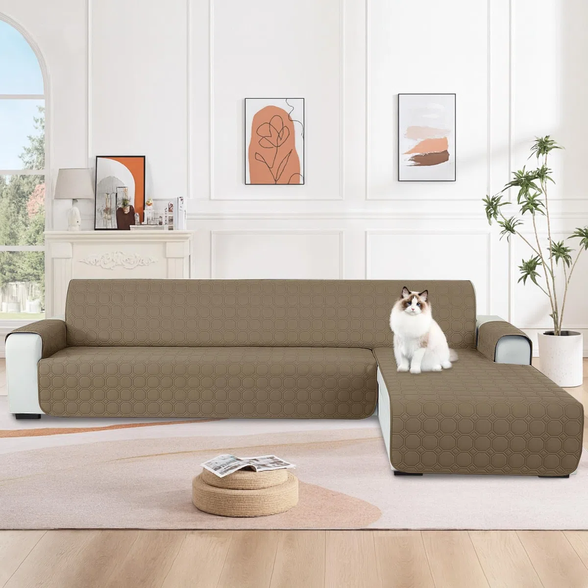 Ystyle Fundas para Sofa Chaise Longue 3 Plazas Impermeable, Fundas Sofa Chaise Longue Izquierda/Derecha Universal Reversible, Protector de Muebles Antideslizante y Antimanchas, Café Claro
