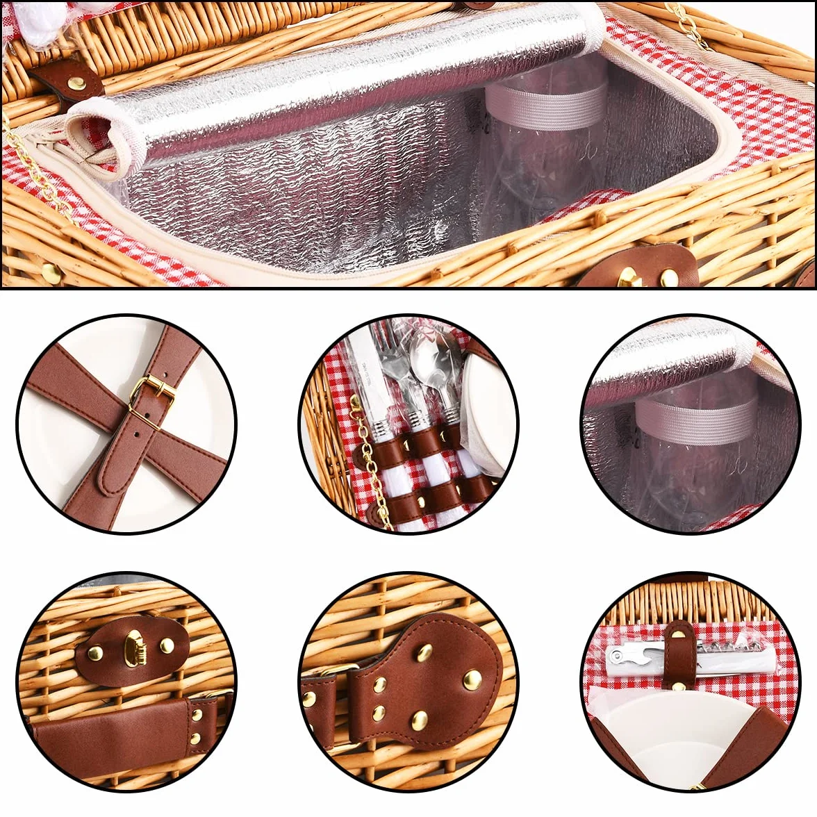 Cesta de Picnic Willow Hamper para 4 Personas, con una Caja de refrigeración aislada y una Manta Impermeable, un Paquete de Servicio de vajilla
