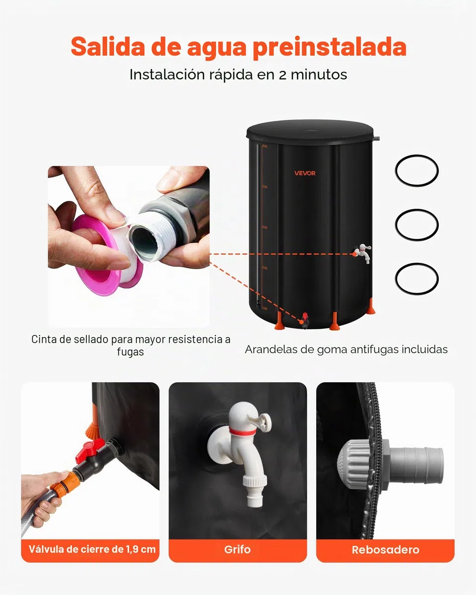 VEVOR Barril de Lluvia Plegable, Barril Portátil de 250 L de PVC 500D para Recolección de Agua de Lluvia, Contenedor de Almacenamiento de Agua para Jardín con Grifo y Kit de Desbordamiento, Negro