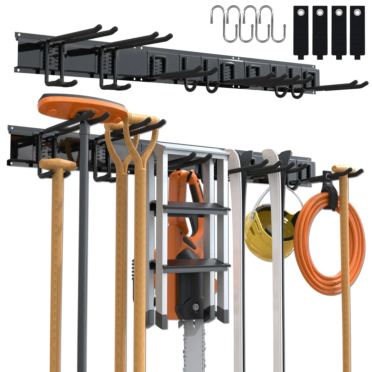3-H 120cm Soporte Herramientas Pared,Ganchos Garaje Acero Aleado Organizador Herramientas Pared con 14 Ganchos,3 Rieles Deslizables,4 Correas para Esquí Silla Manguera Garaje Jardín