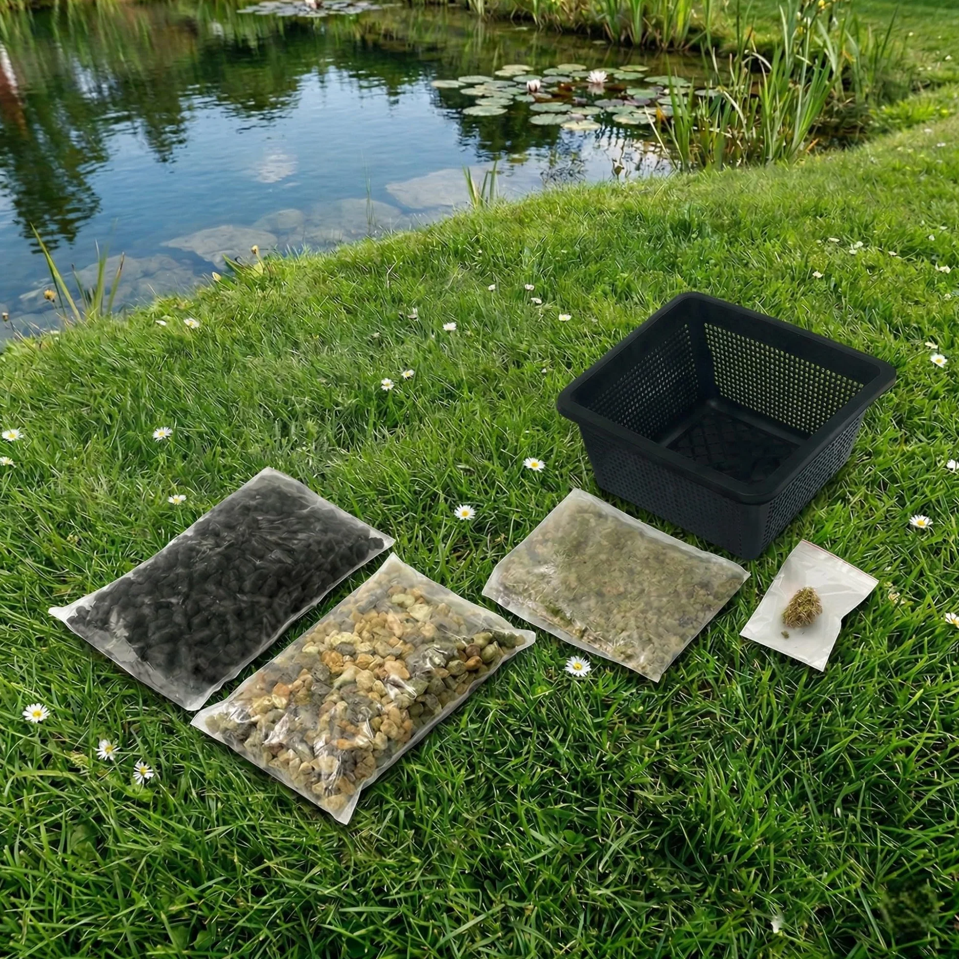 vdvelde․com - Aqua Set Kit de Plantación para Estanque, Pack de 3, sin Plantas, con Cesta, Sustrato, Tierra de Estanque, Abono y Grava, Accesorios 19x19x10 cm