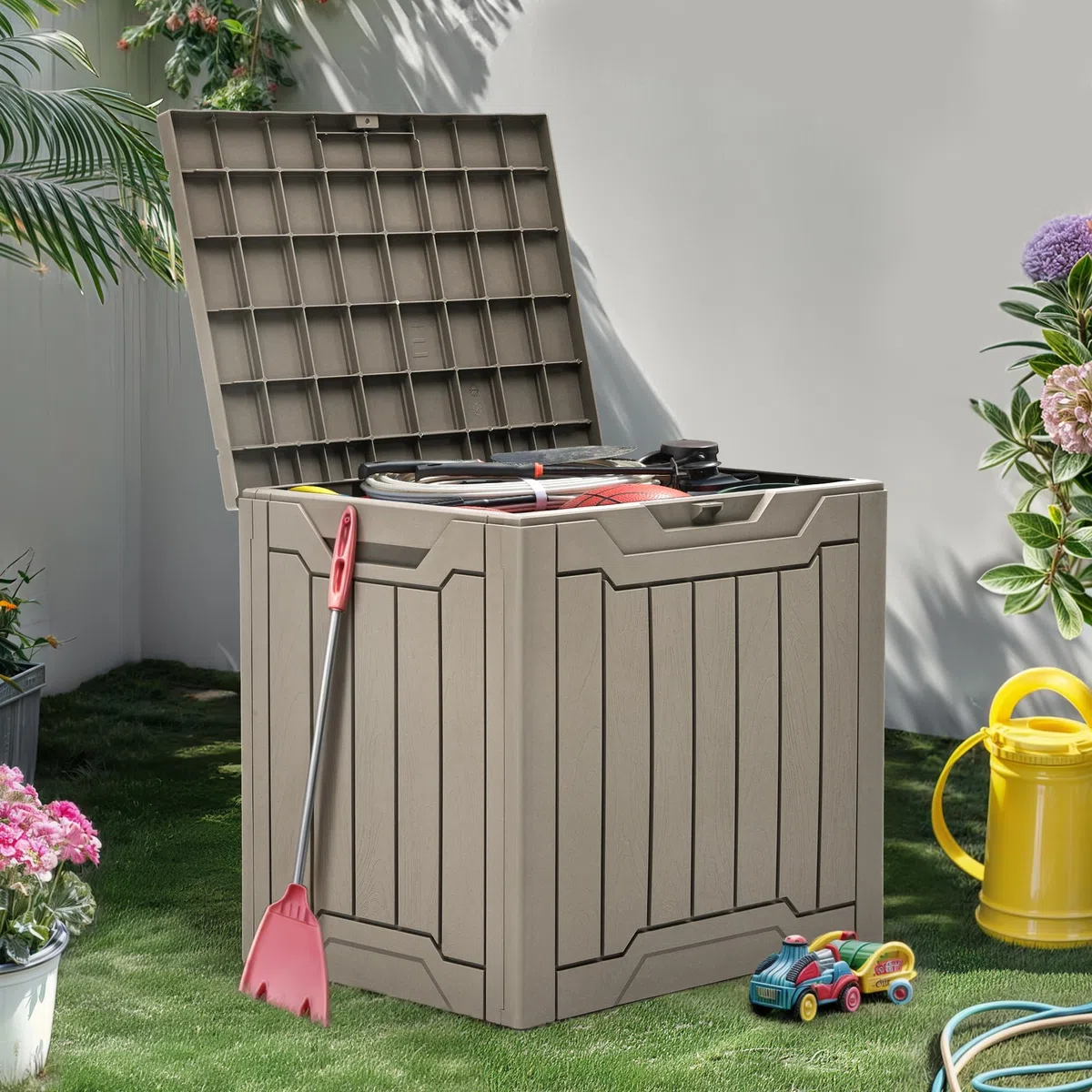 YITAHOME Caja de almacenamiento de resina para exteriores, 31 galones, resistente al agua, caja de almacenamiento para exteriores, para almohadas, equipo de jardín, con cerradura segura, marrón claro