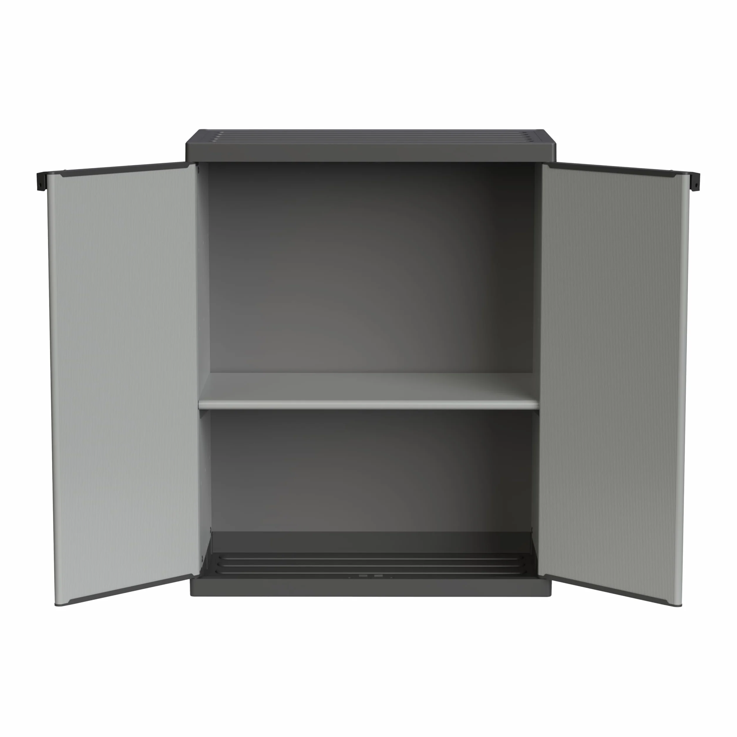 Adventa: Armario de Resina de PVC y PP, 2 Puertas, 1 Estante, fácil de Montar, Modular System, Resistente, Apto para ambientes Interiores y Exteriores, 68 x 40 x 85 cm, Gris y Negro