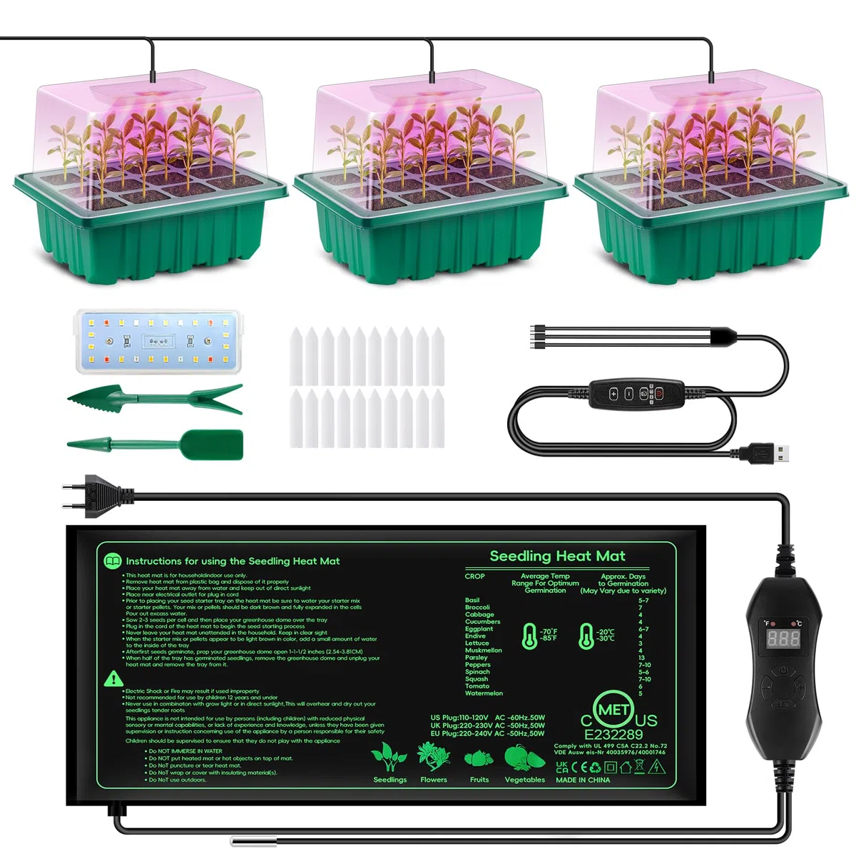 Verdenu Bandeja Semillero con Luces de Crecimiento y Almohadilla Térmica, Mini Invernadero Germinador de Semillas con Cúpula de Humedad, Semilleros de Germinacion Reutilizable para Plantas de Interior