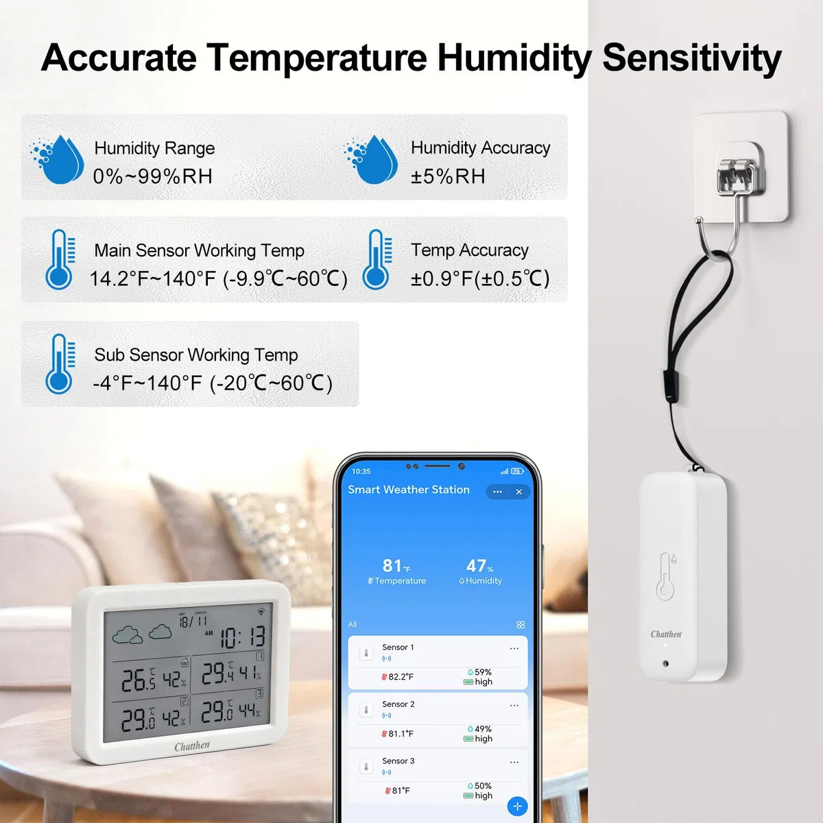 Estacion Meteorologica Wifi, Estacion Meteorologica Interior Exterior, Higrometro Termometro Exterior con Fecha y Pronóstico del Tiempo, 1 Pantalla y 3 Sensors Inalámbrico Remoto
