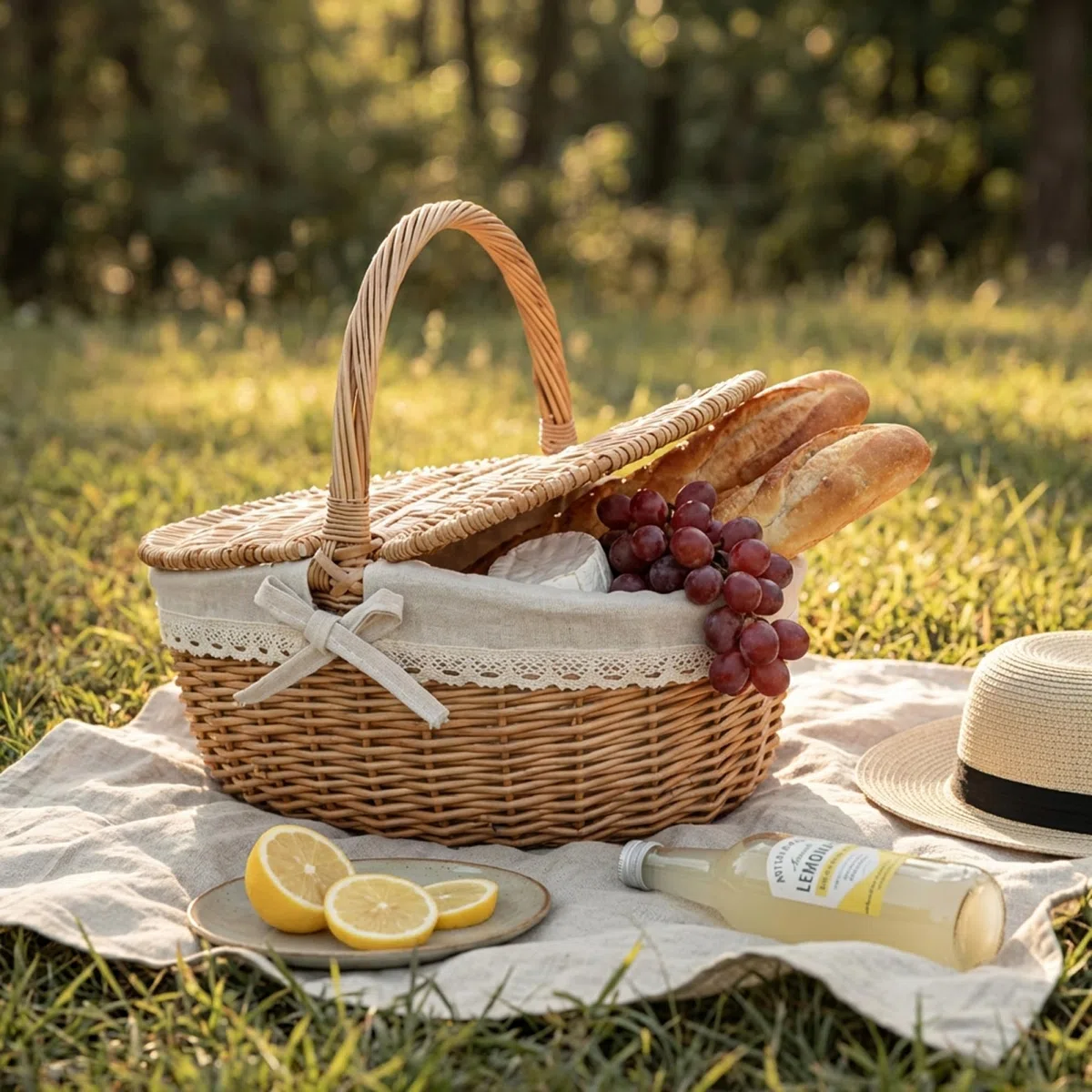 Cesta de Picnic de Mimbre Mediana con Tapa y Asas, solución de Almacenamiento Tejida para Compras, jardinería, decoración del hogar, cestas de Picnic