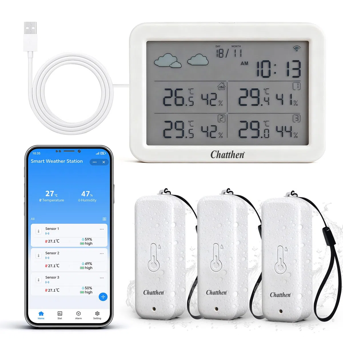 Estacion Meteorologica Wifi, Estacion Meteorologica Interior Exterior, Higrometro Termometro Exterior con Fecha y Pronóstico del Tiempo, 1 Pantalla y 3 Sensors Inalámbrico Remoto