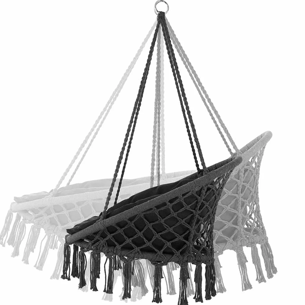 Bakaji Sillón Colgante de Exterior jardín de Cuerda de algodón, Silla Mecedora Colgante Hamaca terraza Camping con Estructura Circular de Acero Asiento Acolchado cojín diseño Moderno (Gris)