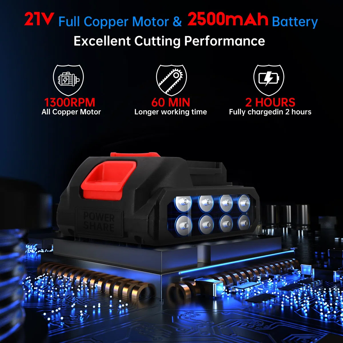 Tijeras de Césped y Setos a Batería 2 en 1, Cortasetos Eléctrico 21V 1260 RPM, con 2 Baterías de 2500 mAh, Cargador y Cuchillas de 130 mm y 230 mm para Jardín (Azul)
