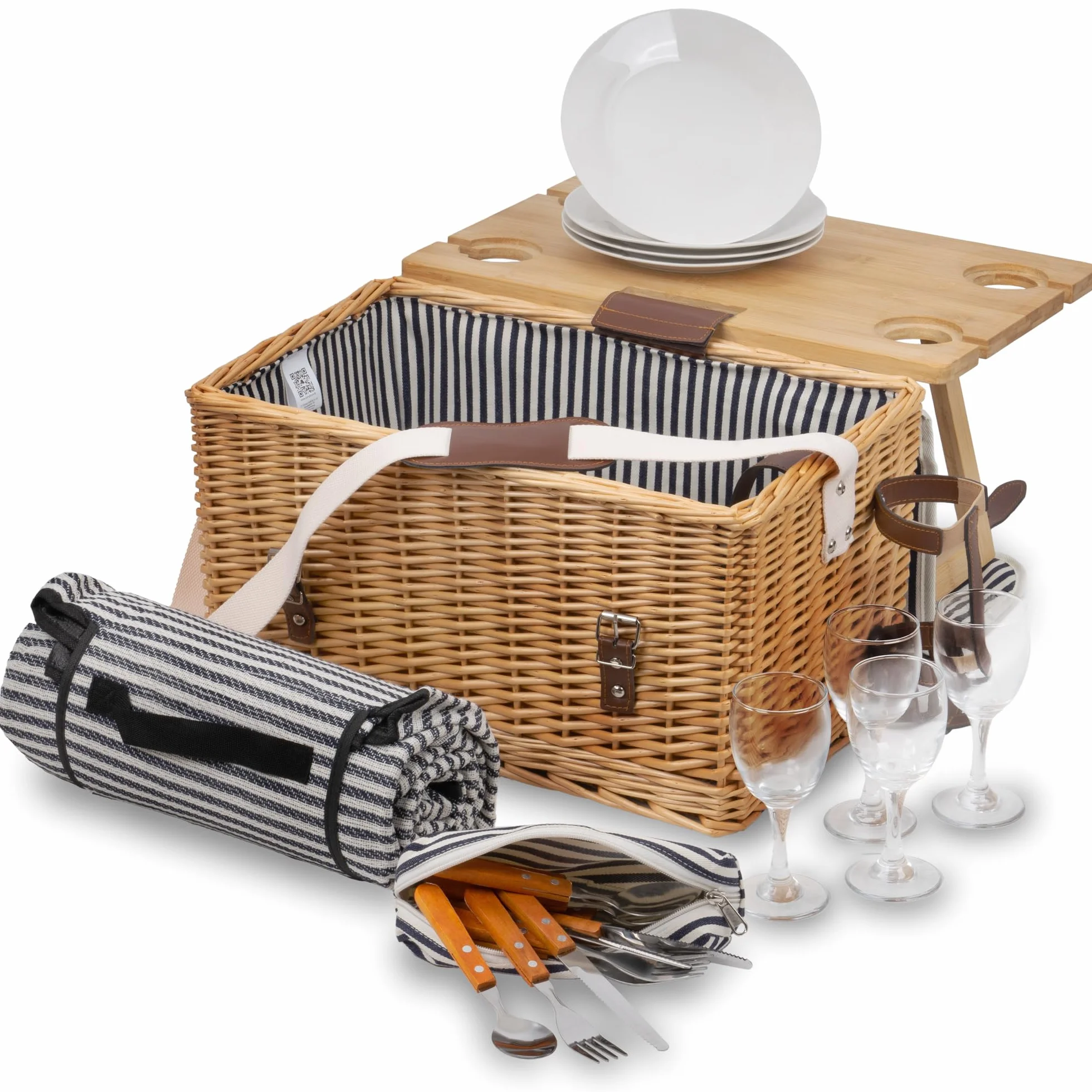 CampFeuer Cesta de Mimbre para Picnic con Correas de Polipiel | 4 Personas | 25 Piezas | Set de Picnic con Platos de Cerámica, Cubiertos, Copas, Manta de Picnic, Mesa y Mucho Más