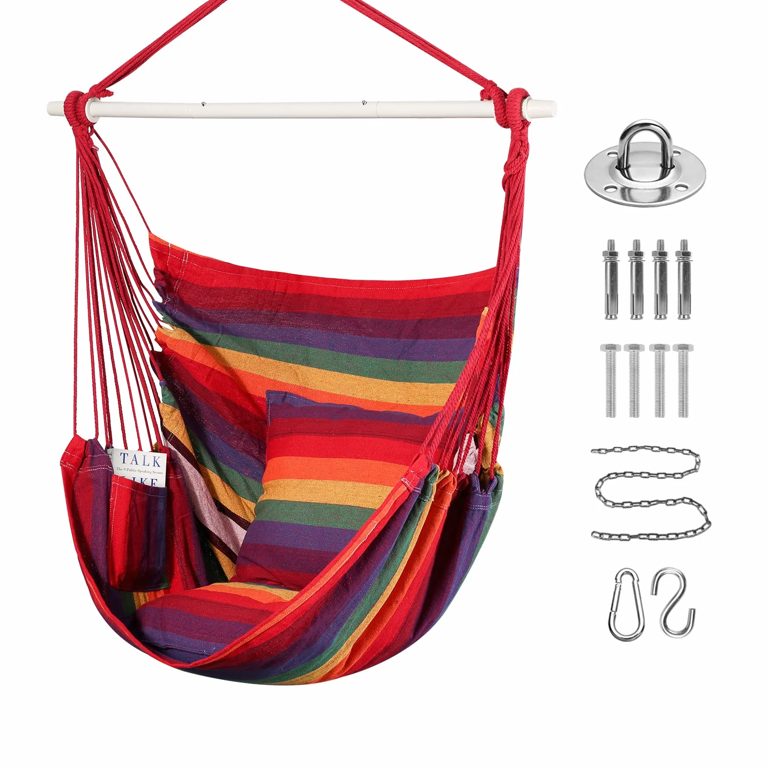 Goutime Hamaca Colgante Grande de algodón Suave con 2 Cojines de Asiento con Bolsa de Transporte para Interior/Exterior/Dormitorio, Patio, jardín, balcón, 330 Libras (arcoíris)