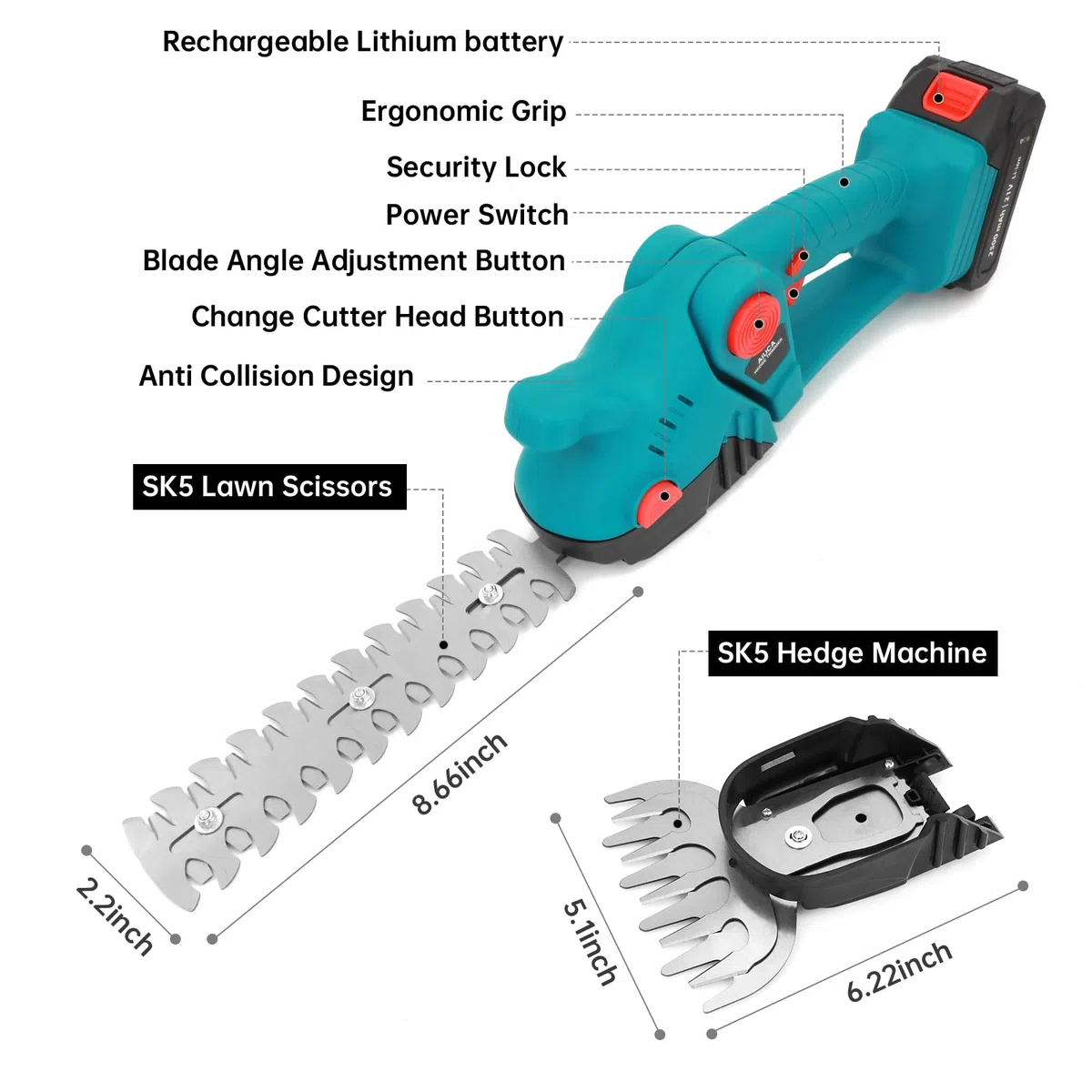 Tijeras de Césped y Setos a Batería 2 en 1, Cortasetos Eléctrico 21V 1260 RPM, con 2 Baterías de 2500 mAh, Cargador y Cuchillas de 130 mm y 230 mm para Jardín (Azul)