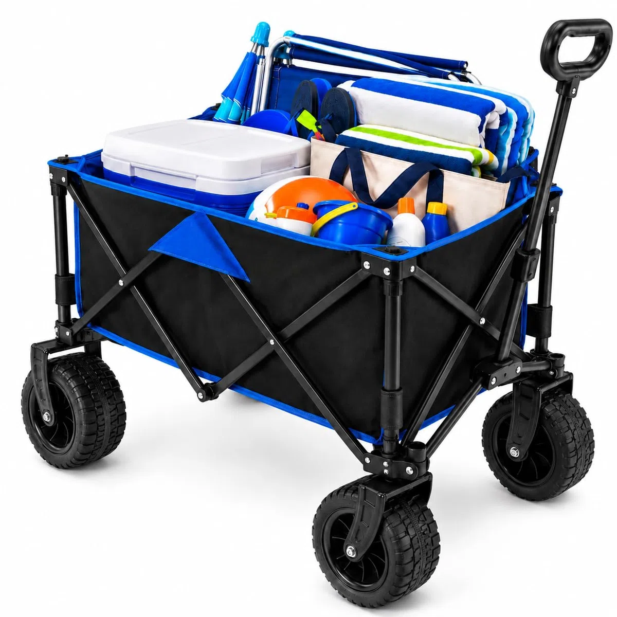 Carro Playa Plegable - PINCHO - Carrito De Playa Plegable, Carro Transporte Plegable con Asa Telescópica, Carretilla Plegable con Ruedas y Frenos - 4 Ruedas, Carga 55 kg, Plegado Compacto, Bolsillo