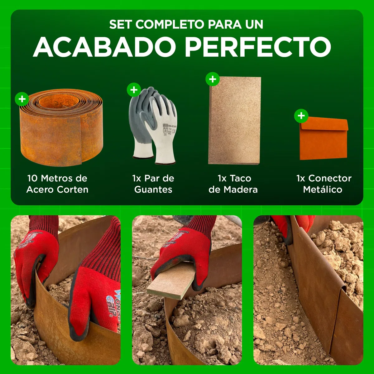 Bordura Acero Corten 10 Metros | Borde Jardin Exterior 14cm Alto | Diseño Flexible & Fácil de Instalar | Incluye Guantes, Taco de Madera, Conectores y eBook con Instrucciones
