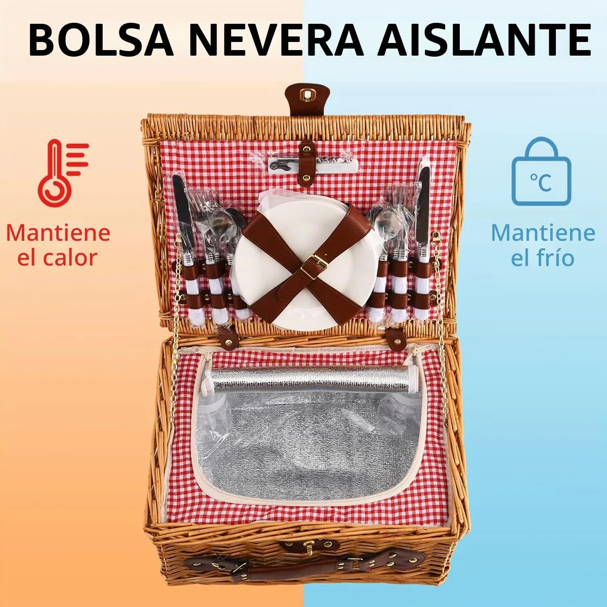 Cesta de Picnic Willow Hamper para 4 Personas, con una Caja de refrigeración aislada y una Manta Impermeable, un Paquete de Servicio de vajilla