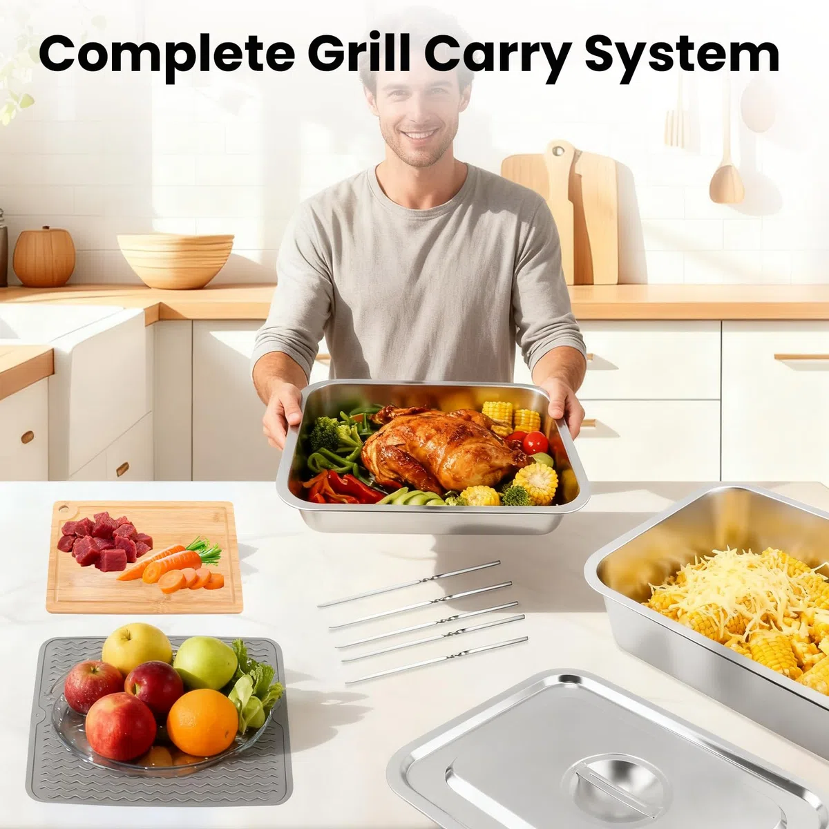 Kalolary Juego de bandejas para preparar barbacoas y servir, bandejas de preparación de barbacoa, bandejas de acero inoxidable, bandeja para marinar, bandeja para servir alimentos, bandeja de