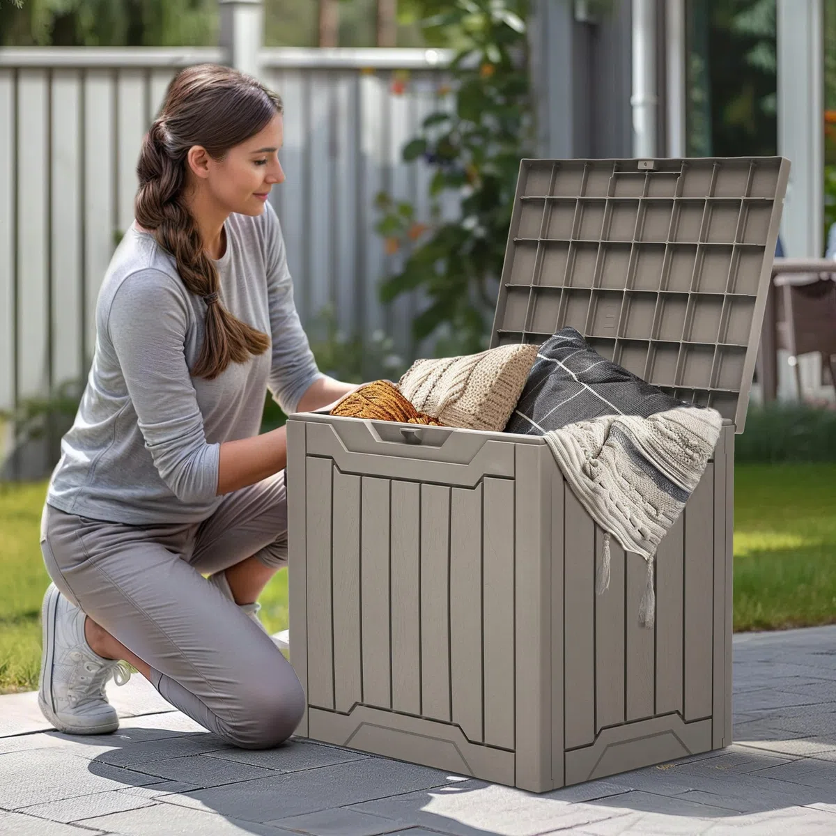 YITAHOME Caja de almacenamiento de resina para exteriores, 31 galones, resistente al agua, caja de almacenamiento para exteriores, para almohadas, equipo de jardín, con cerradura segura, marrón claro
