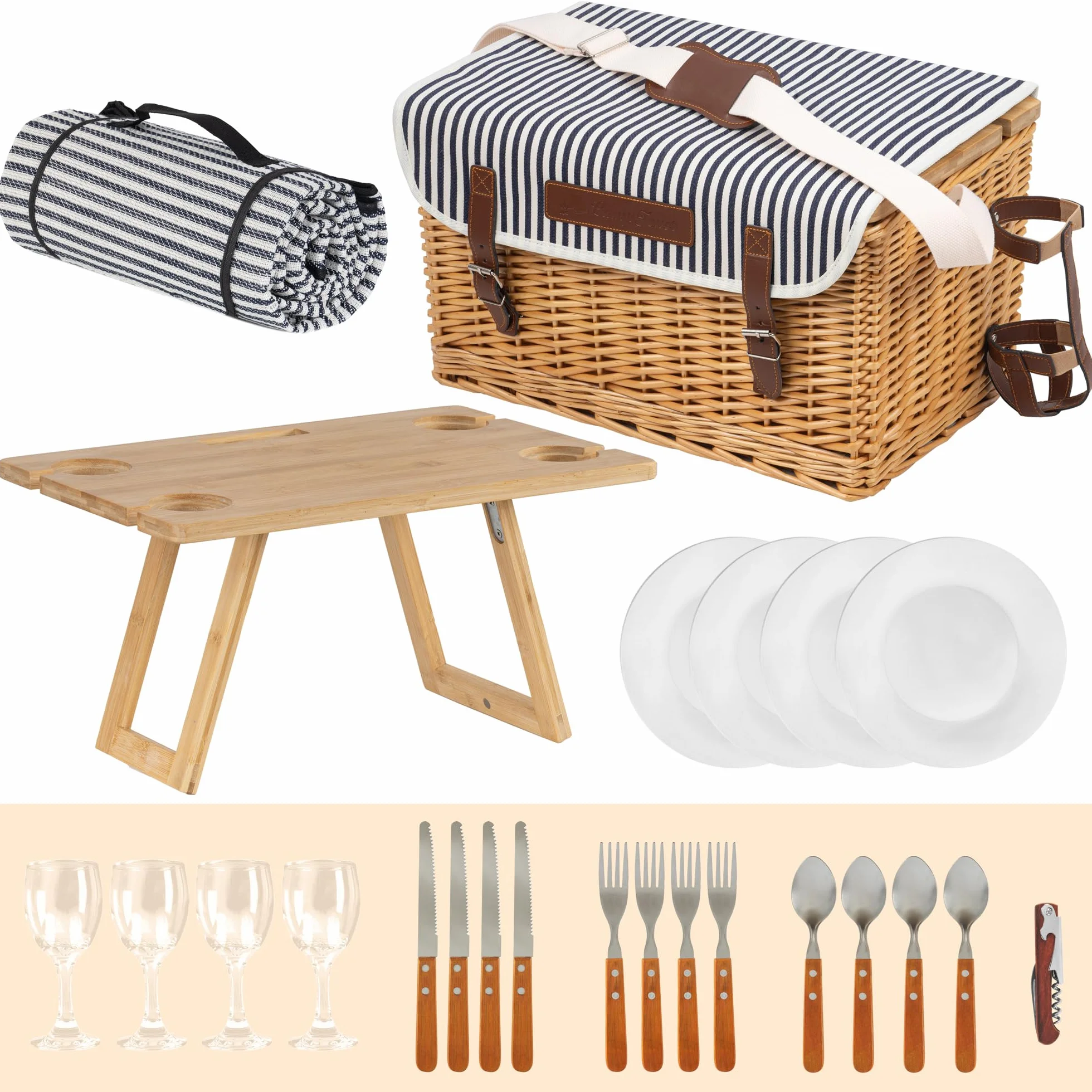 CampFeuer Cesta de Mimbre para Picnic con Correas de Polipiel | 4 Personas | 25 Piezas | Set de Picnic con Platos de Cerámica, Cubiertos, Copas, Manta de Picnic, Mesa y Mucho Más