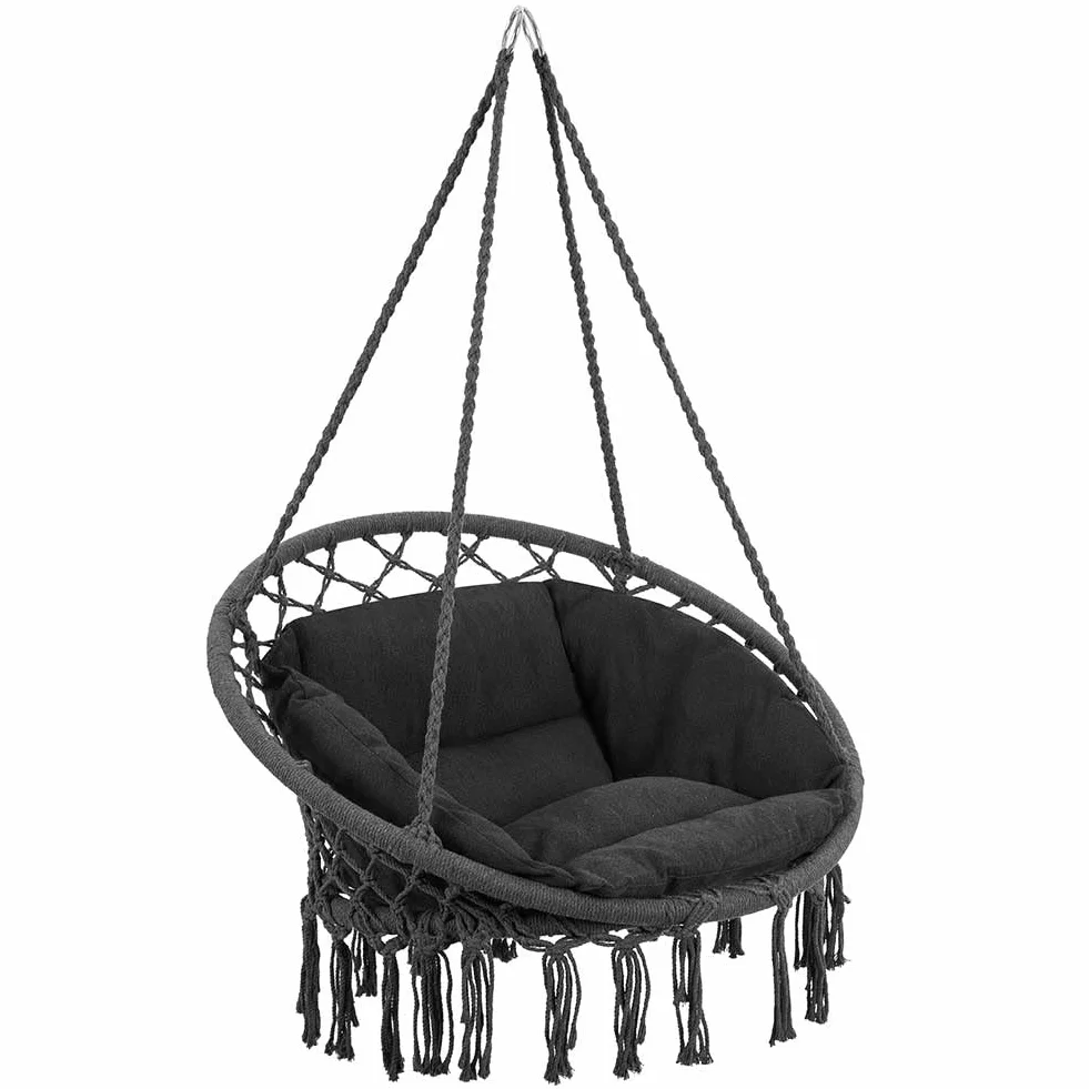 Bakaji Sillón Colgante de Exterior jardín de Cuerda de algodón, Silla Mecedora Colgante Hamaca terraza Camping con Estructura Circular de Acero Asiento Acolchado cojín diseño Moderno (Gris)