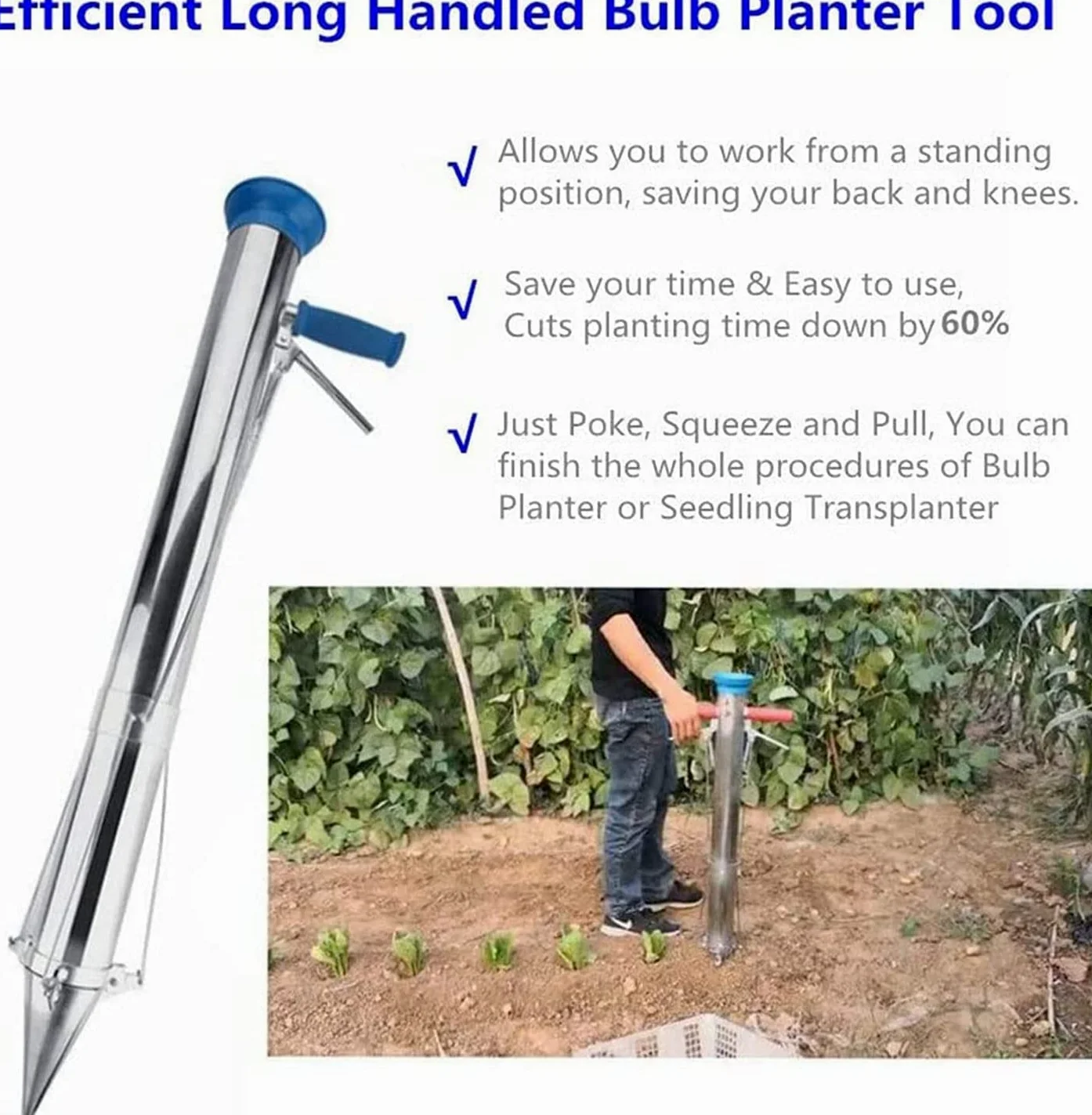 Sembradora Manual de Vegetales, Plantadora de Bulbos, Mango Trasplantadora de Plántulas de Acero Inoxidable, Herramienta de Trasplante para Plantar Semillas