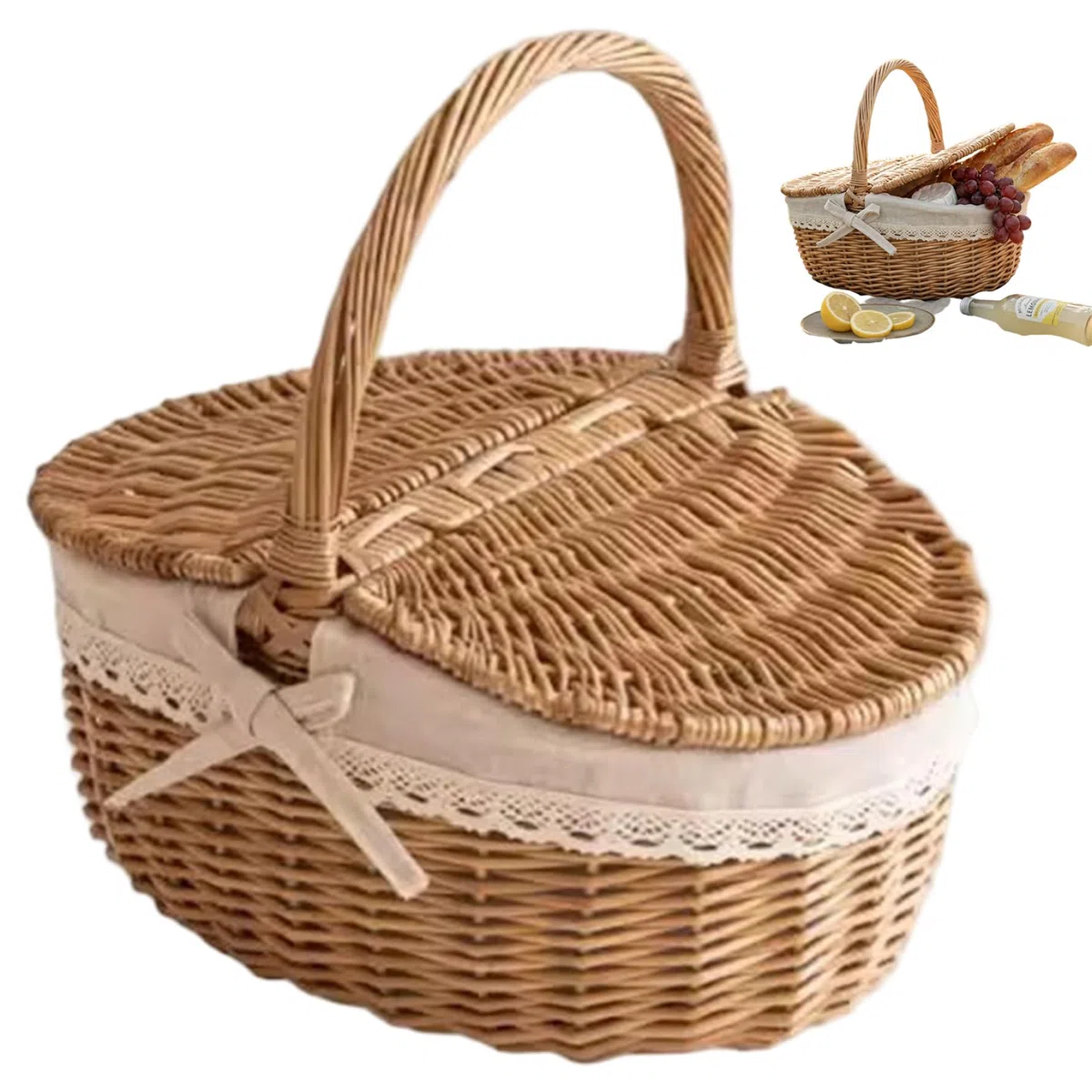 Cesta de Picnic de Mimbre Mediana con Tapa y Asas, solución de Almacenamiento Tejida para Compras, jardinería, decoración del hogar, cestas de Picnic