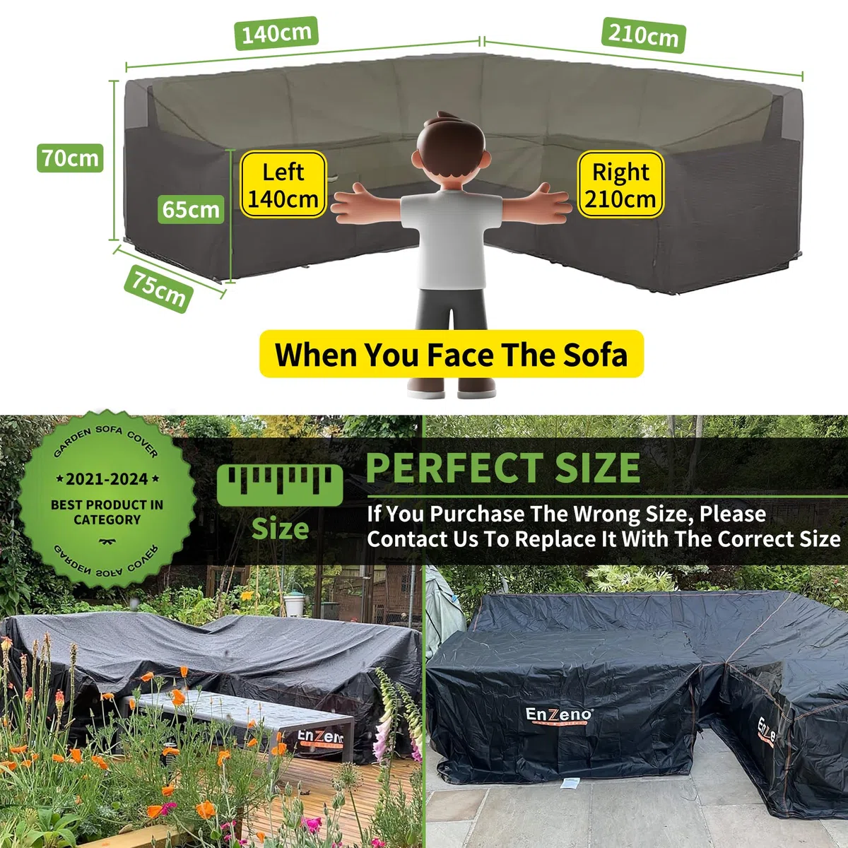 Enzeno Funda para muebles de jardín en forma de L impermeable, tela Oxford 420D resistente al agua, funda de sofá de ratán para exteriores con cinta impermeable (140 x 210 x 75 cm)