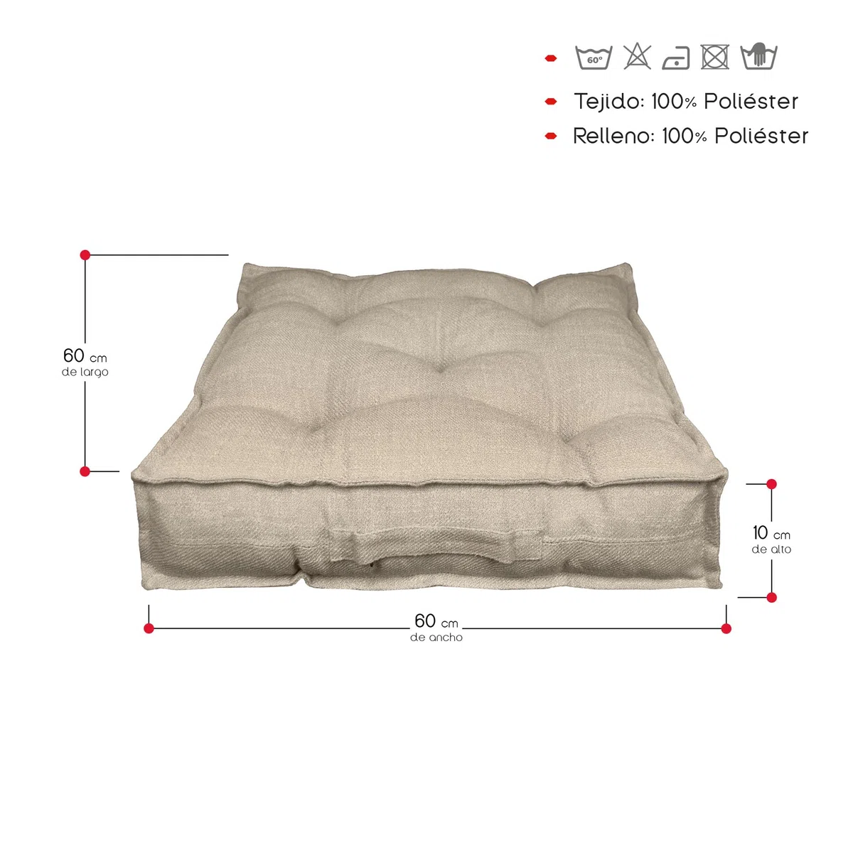 TIENDA EURASIA – Cojin de Suelo Cuadrado | Acolchado | Poliéster | Cojines de Suelo | Medidas 60x60x10 cm | Cojines Exterior Jardin | con Asa de Transporte y Cremallera (Beige)