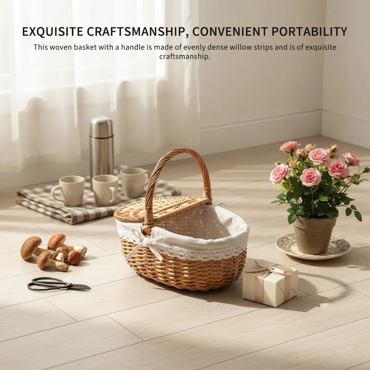 Cesta de Picnic de Mimbre Mediana con Tapa y Asas, solución de Almacenamiento Tejida para Compras, jardinería, decoración del hogar, cestas de Picnic