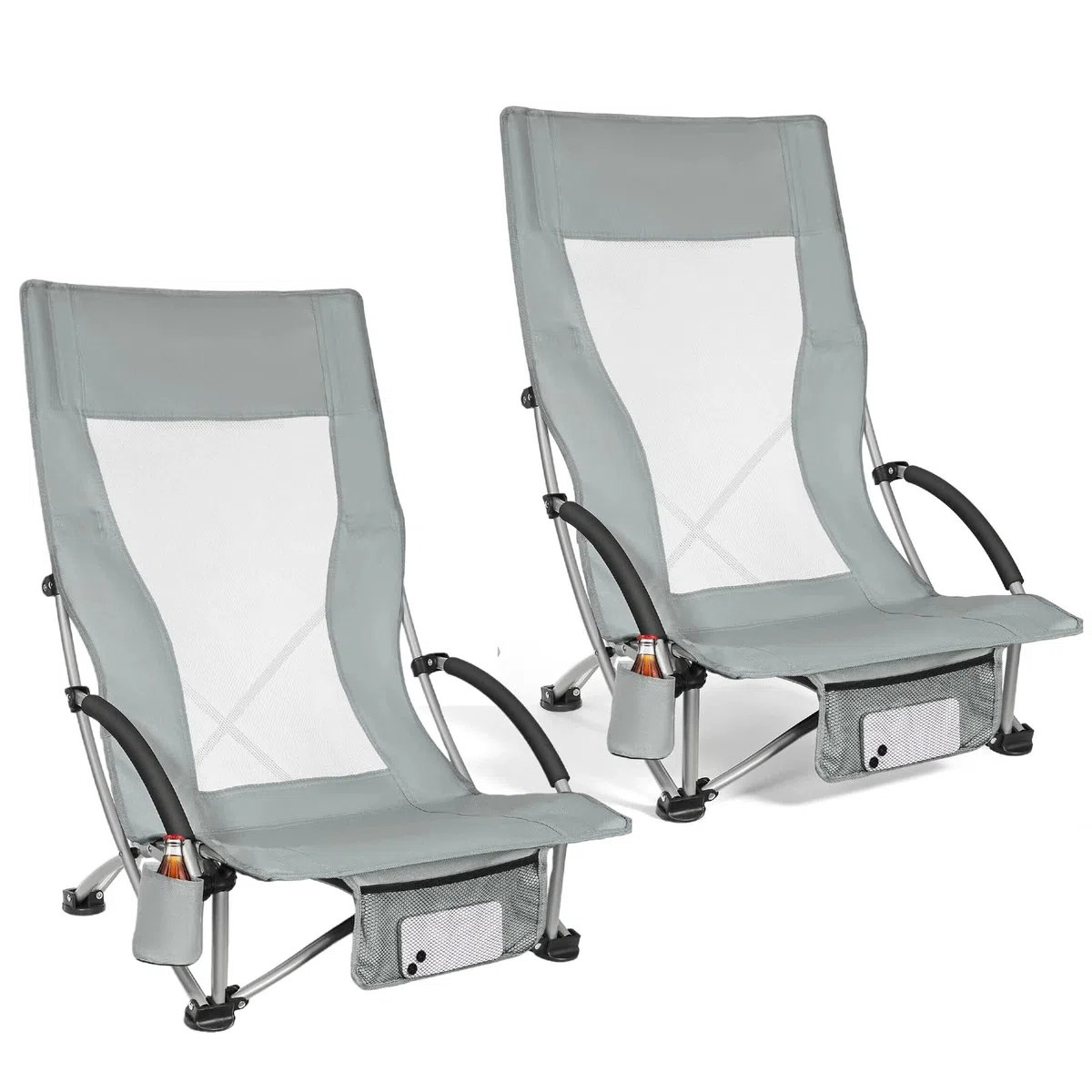 WildFun Silla de playa plegable, silla portátil de camping y pesca con respaldo alto, portavasos, soporta 180 kg para viajes, al aire libre, barbacoa, picnic, festival (2 unidades, gris)